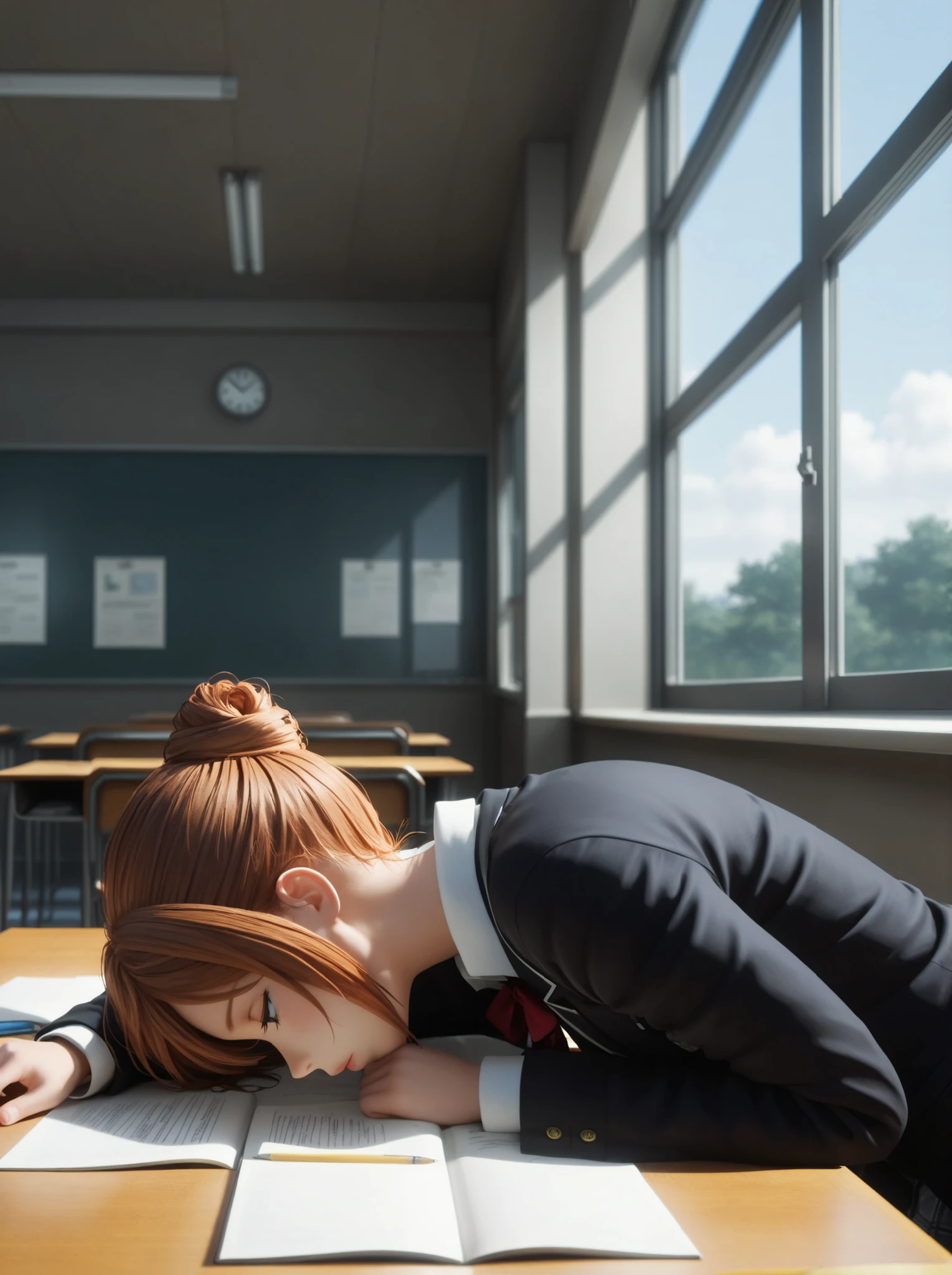 masterpiece, High Quality, ultra detailed, beautiful detailed face, anime, ultra high resolution, 8K,2d en 3d,Student lying on the desk,light from the window,Bisa del Dawn move her hair,(seated),( in profile),relaxed,blowing,Bored in class