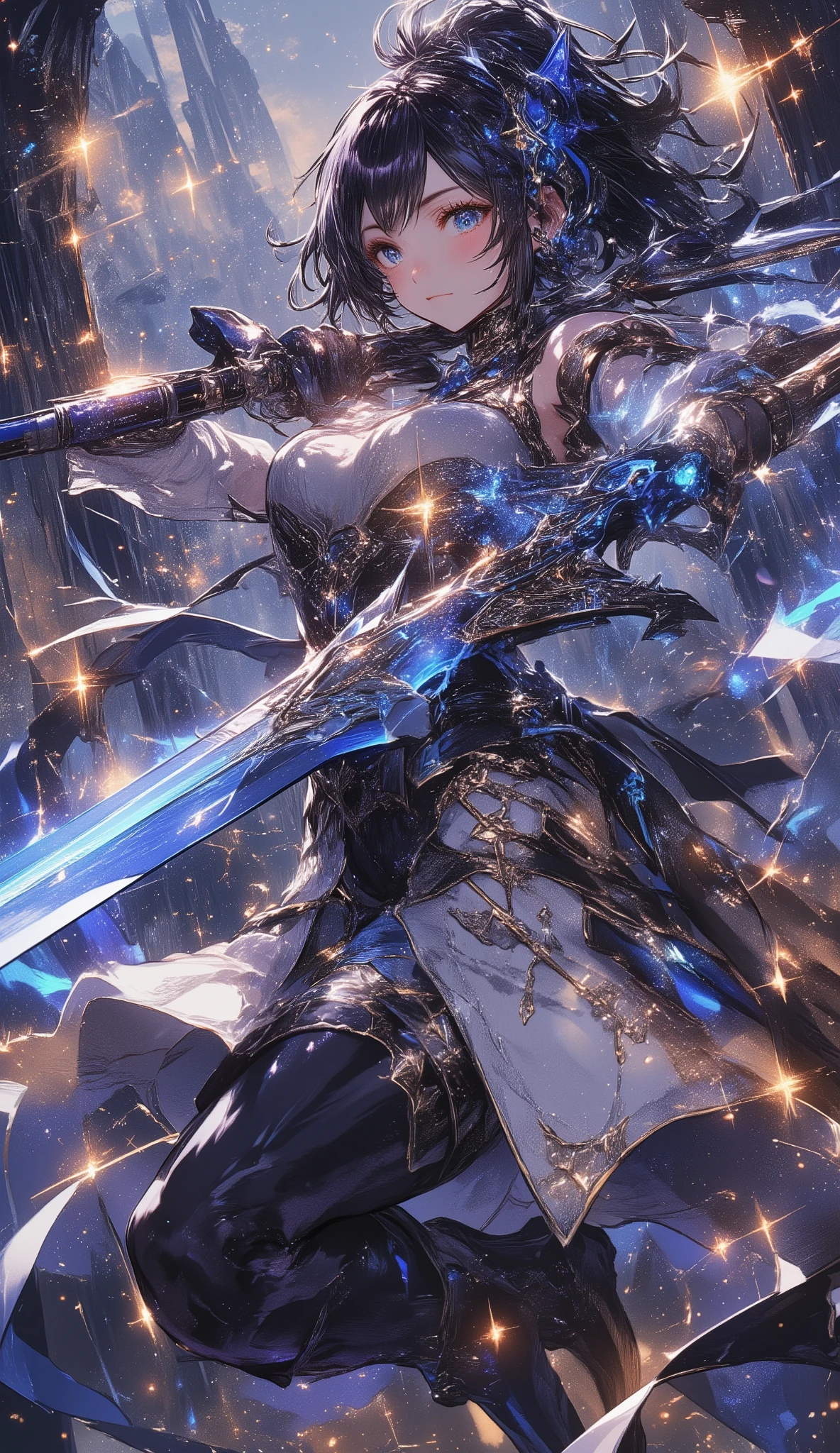 star、star、star、star空の背景、starが煌めく線画、High Quality、high image quality、流れるstar、A female adventurer wielding a super huge sword、dynamic depiction、precise depiction、starの輝度で表現、accurate body structure、Precise shining depiction、8K high resolution images 
