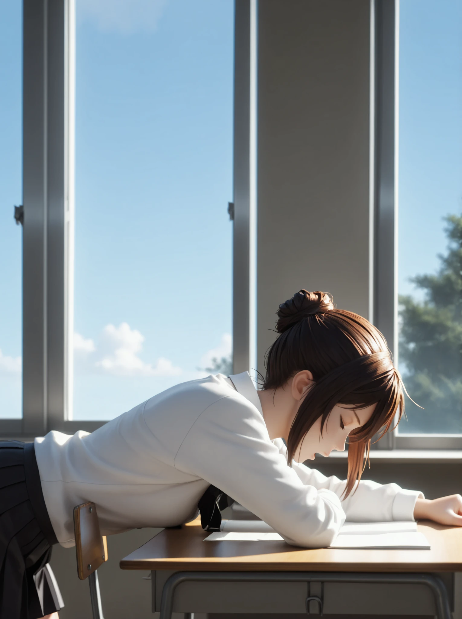 masterpiece, High Quality, ultra detailed, beautiful detailed face, anime, ultra high resolution, 8K,2d en 3d,Student lying on the desk,light from the window,Bisa del Dawn move her hair,(seated),( in profile),relaxed,blowing,Bored in class, stretch,yawning