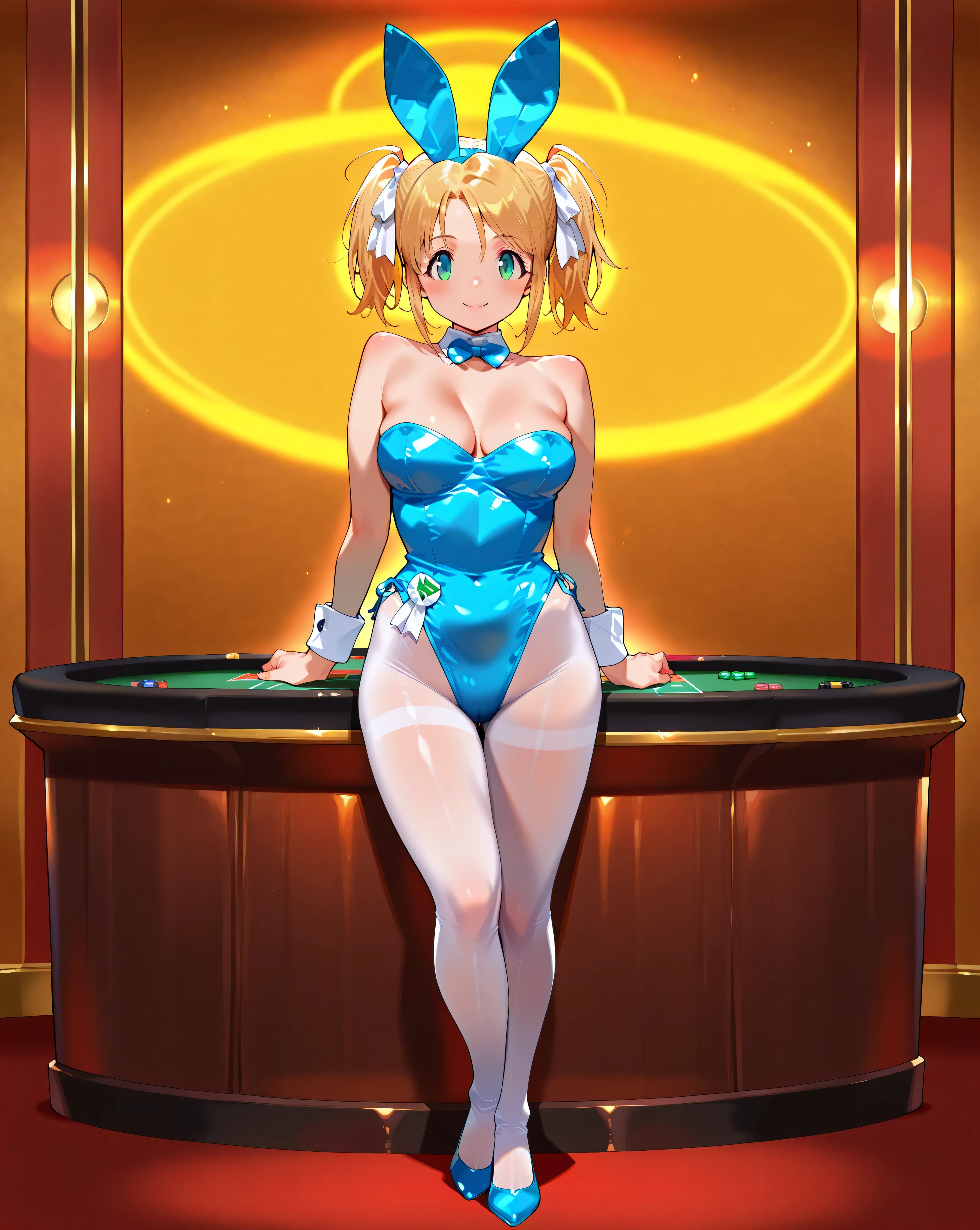 (masterpiece, detailed:1.2), score_9, score_8_up, score_7_up, score_6_up, score_5_up, Highest Quality, best quality, extremely detailed, detailed skin, detailed things, Masterpiece, 1 girl,Solo, indoor, full body, thick things, smile, GBReiko, bow,white bow,ribbon,hair ribbon,white ribbon,twintails,short twintails,blonde hair,green eyes,Yoshmnee, standing, Casino, 5 anatomically correct fingers, pantyhose, bowtie, playboy_bunny, rabbit_ears, detached_collar, highleg_leotard, wrist_cuffs, blue playboy bunny, rabbit earsz., back view