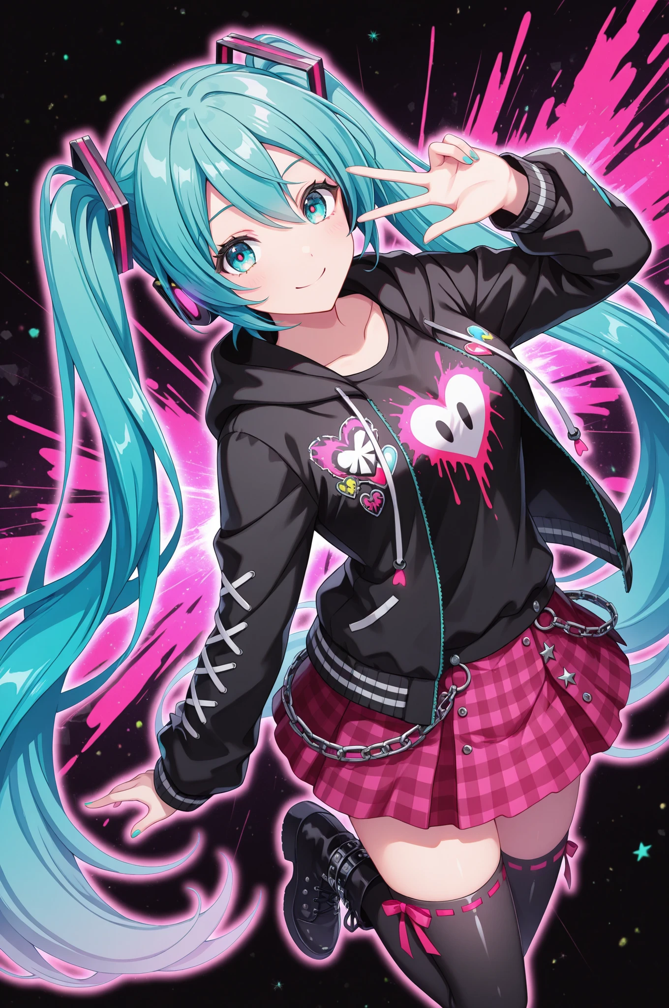 1girl, hatsune miku, aqua eyes, cowboy shot, smile, full body, black background, colorful hearts, vibrant, pink glowing outline, neon, abstract background, looking at viewer, ribbon-trimmed thighhighs, gingham skirt, hooded jacket, black top, dynamic pose, punk, kawaii