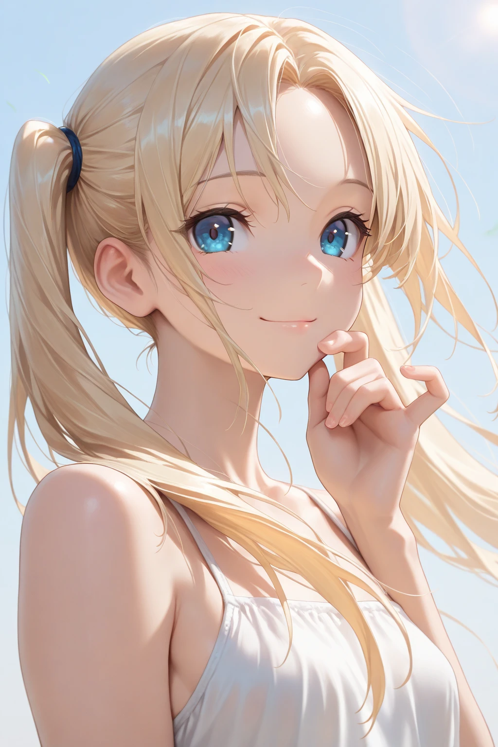 Official art、Top quality ultra-detailed CG art、a beauty girl：１.２）、a blond、Glossy hair、smooth hair、large blue eyes,Mid summer、kawaii、The sky is beautiful、medium cut、White competitive 、Smooth clothes、ssmile、It features a simple、、