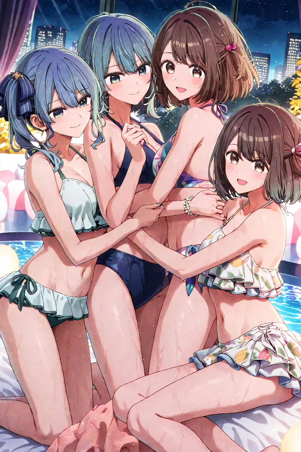 Best image quality, 8K, high quality, masterpiece:1.2), ((masterpiece)), (High detail, high quality, Best image quality), Depth of written boundary, Portraiture, Open Stance, (Cute illustrations:1.3), (5 non-virgin girls:1.2), Poolside, (Multiple girls with different hair colors and styles:1.2), Dawn, Beautiful light, Professional Lighting, (Small ), (Brown ), (Bright color low V-neck one piece  swimsuit), Extremely revealing swimsuit, (A swimsuit that is as transparent as air, right down to the  and :1.8), (Idol Master:1.2), Cute round face girl, , Dynamic pose, An exciting mood, smile, Dynamic Angle, Underarm,