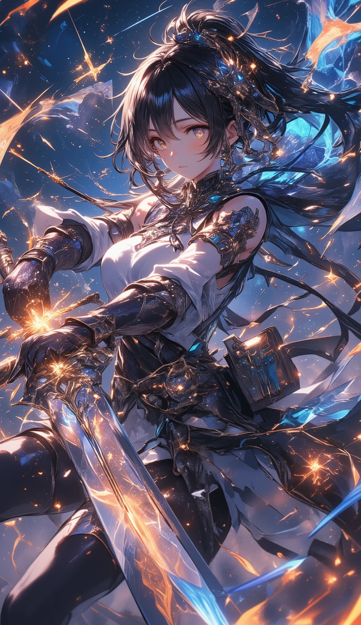 star、star、star、star空の背景、starが煌めく線画、High Quality、high image quality、流れるstar、A female adventurer wielding a super huge sword、dynamic depiction、precise depiction、starの輝度で表現、accurate body structure、Precise shining depiction、8K high resolution images 、accurate depiction of the hand