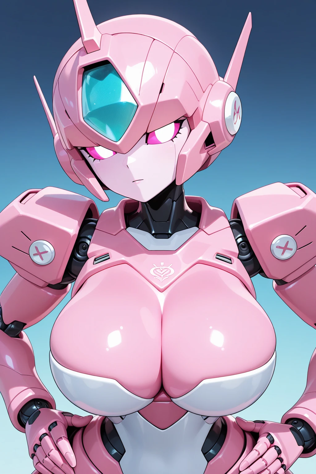 Pink translucent mecha，Arm mecha，Short pink hair，Curly hairstyle，Huge breasts，Cleavage，Half body wearing benzene heavy mecha，fighter hangar，Sexy，lipstick，Gray eyes，Smile，earrings