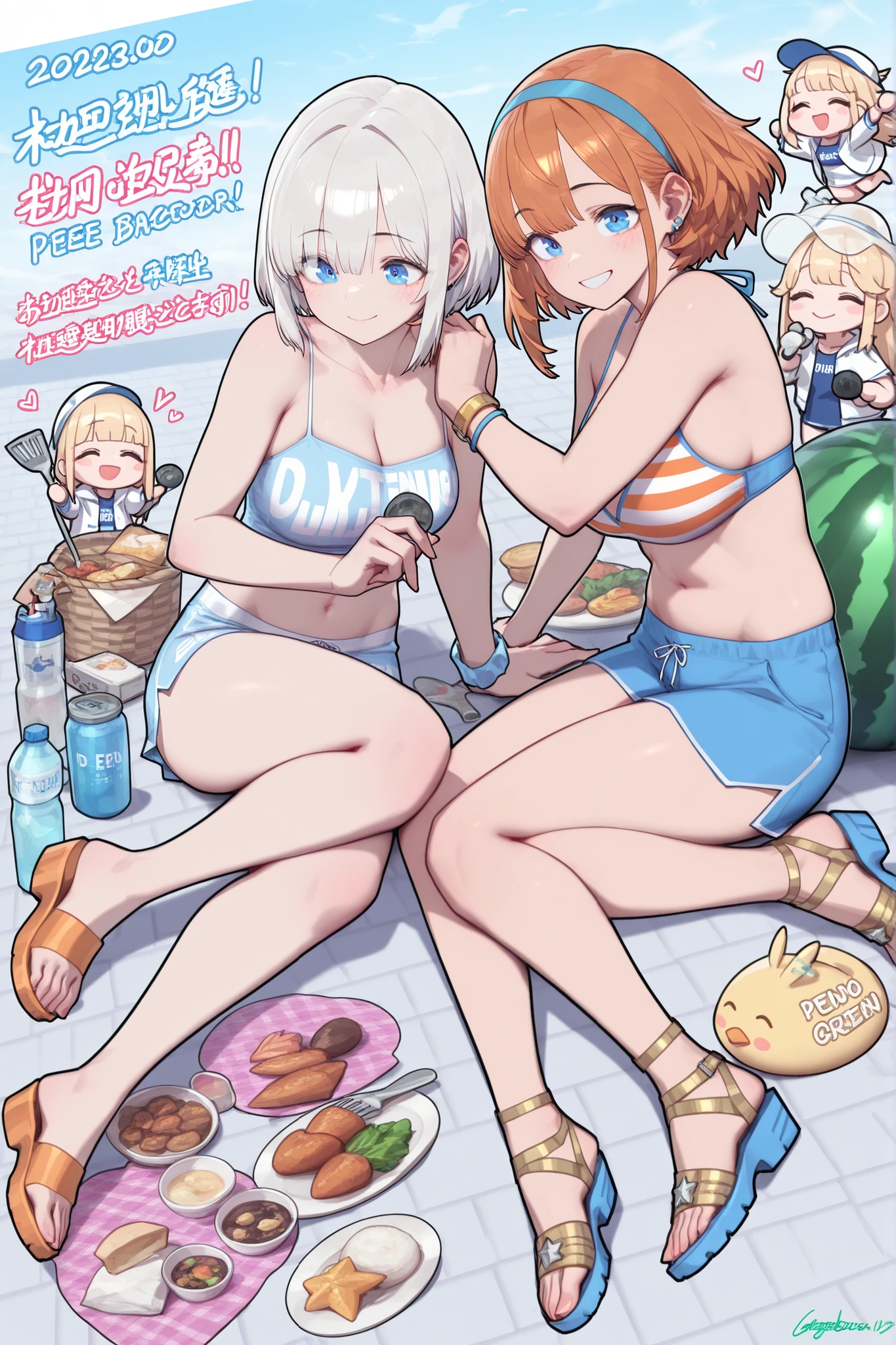 two Very beautiful girls, Gorgeous Face, completely blond hair, summer cloths,  smile, short hair, gestual, de pé, full body , fundo branco, happy