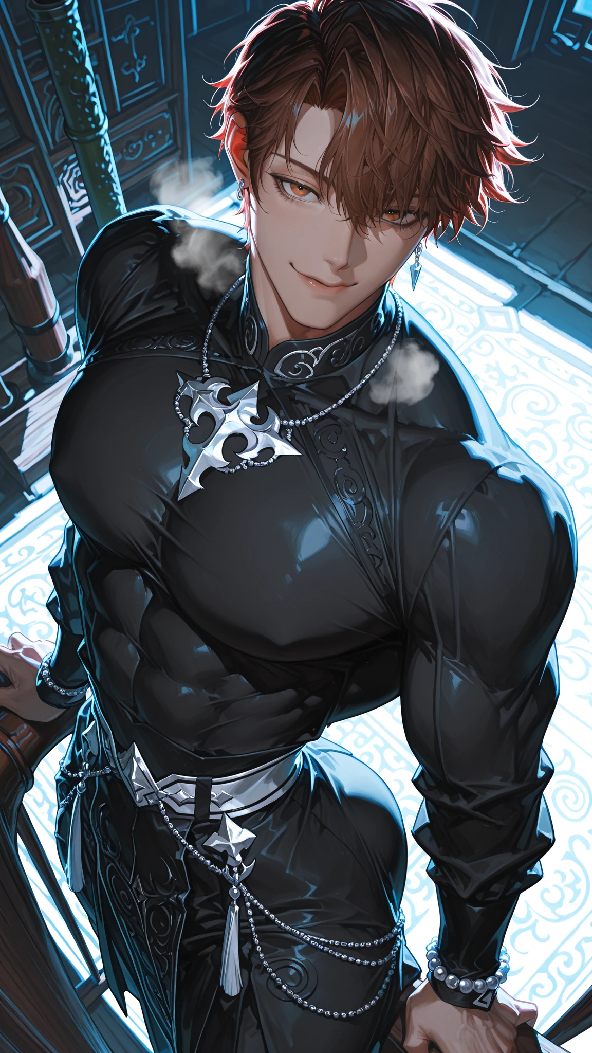 absurdres, highres, ultra detailed, HDR, master piece, best quality, Quincy, blonde hair, expressive amber eyes, Nu Carnival, solo, sexy man, handsome, , , demon, horns, black leather clothes, red cape, accessories, showing the chest, castle, red moon, red trees, red spider lilies, fantasy, dark magic