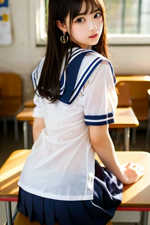 , (masterpiece, Highest quality:1.2), 8K, Young and beautiful girl, 85mm,Official AR RAW Photos, (Baby Face), ((Small face)), (()), ((Lift up your sailor uniform and show your )), Detailed , Show me your ears、photo shoot, Cute face, Thighs, Classroom after school, Looking at the audience, Embarrassing、smile、No makeup, Film Grain, chromatic aberration, Sharp focus, Face Light, Bright lighting, 10 generations, Detailed face, Background blur、((((((14 year old high school girl))))))、Narrow waist, (( )),  ( sailor uniform), (Change of clothes), White tiny , Detailed pubic hair