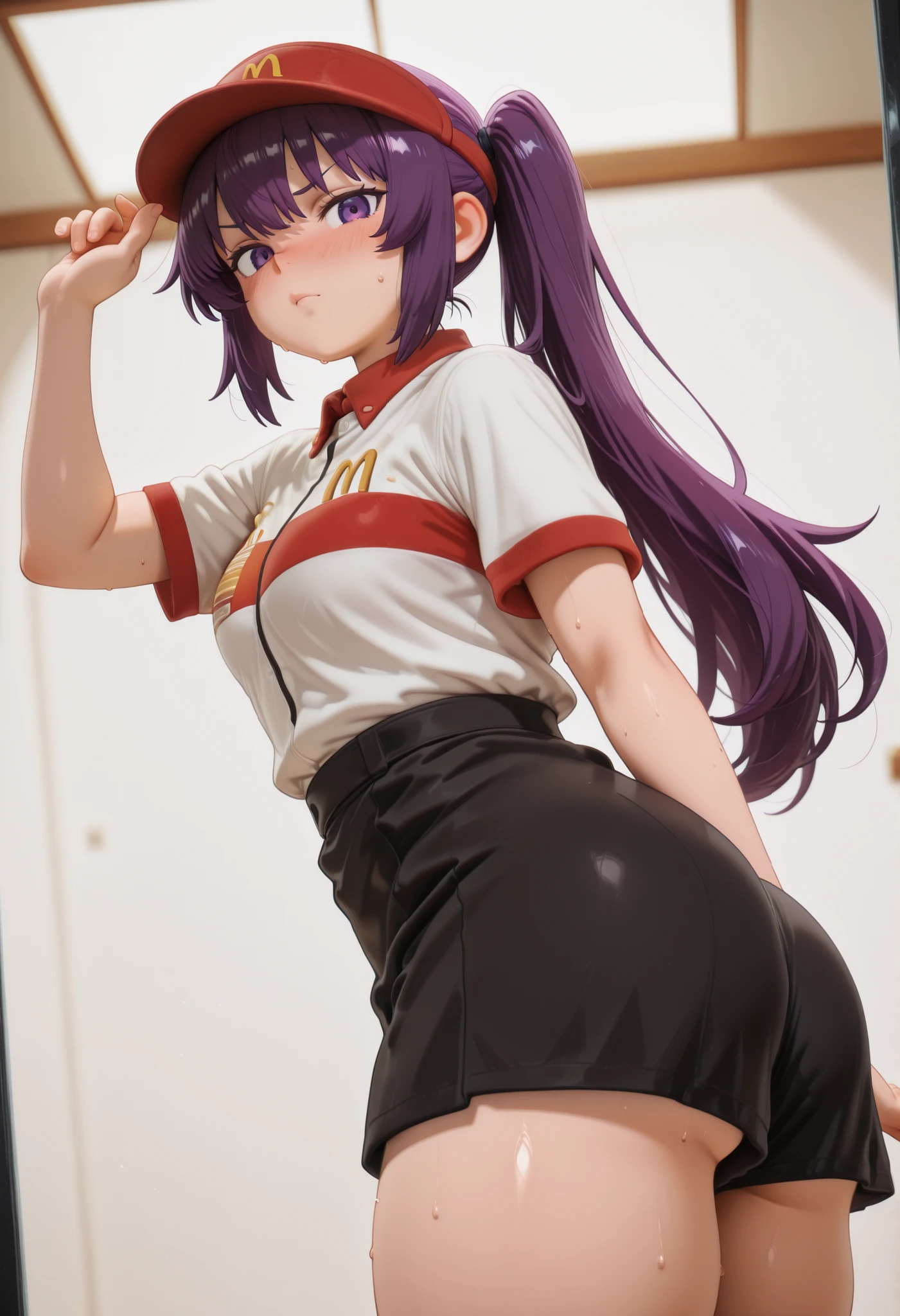 masterpiece, ,amazing thighs、long hair, purple hair、、fern、,,, posing,,best quality,
,, alone,, nose blush,, POSING , BIG ASS, THICK THIGS; WIDE HIPS, slim waist, POSING
,, DYNAMIC POSE
,,, shiny skin, shiny hair, shiny body, clear body,, looking at viewer, sexy body, medium breasts,,, nose blush,, looking at viewer, nice legs, legs,, solo, female, shiny skin, shiny hair, shiny body, clear body,,, digital illustration, cowboy shot ,,,, ,,, , ,,,, , looking at viewer, NOSE BLUSH,,, shiny skin, shiny hair, shiny body, clear body, , solo,, POSING, thick thighs, thighs, solo,, POSING, DYNAMIC POSE,, opaque clothes, , looking at viewer, nose blush, shiny legs, shiny body, shiny hair, clear skin, clear body, sweat, sweaty, sweaty:1.3, solo, thick thigh, thick thighs, solo, female,,, looking at viewer,, STANDING, POSING, COWBOY SHOT, NICE LEGS, opaque clothes,, solo, thick thigh, dynamic pose,, ,,,,, Looking At Viewer, tilting head,,, dynamic, dynamic composition,, white background, empty background, fur-trimmed hood , looking at viewer , badge , blush stickers , mac , visor cap , employee uniform , fast food uniform , skirt , clothes writing , <lora:mac_XL_v2:0 . 8> ceiling ,, side pose, side looking, view from side, VIEW FROM FRONT,