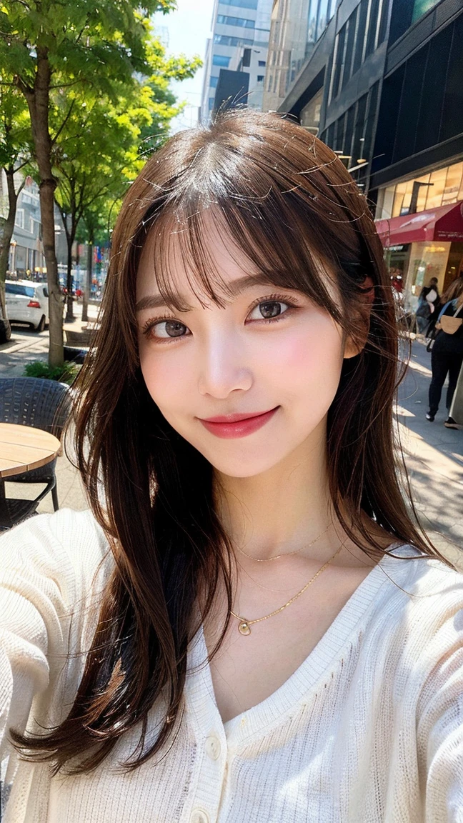 masutepiece, Best Quality, Illustration, Ultra-detailed, finely detail, hight resolution, 8K Wallpaper, Perfect dynamic composition, Beautiful detailed eyes, Winter clothes,Medium Hair,Small breasts natural color lip, Bold sexy poses,Smile,Sexy backgrounds、20 years girl、Cute、Sexy shot looking at camera blur background,Wear a long black coat