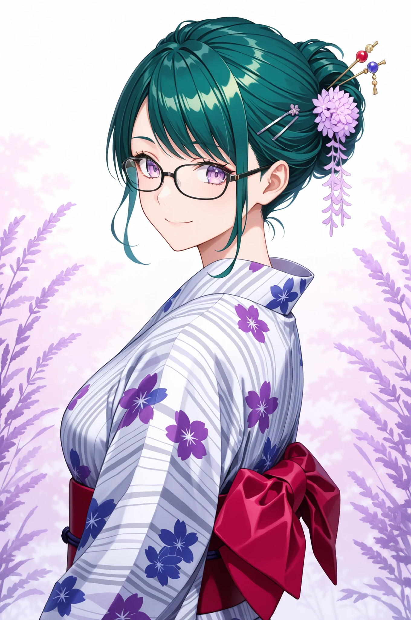 upper body, 1girl, green hair in an updo with hairpin , lavender eyes, glasses, wearing traditional Japanese yukata (colorful floral patterns), wide sash obi tied at the back, look back and smile 