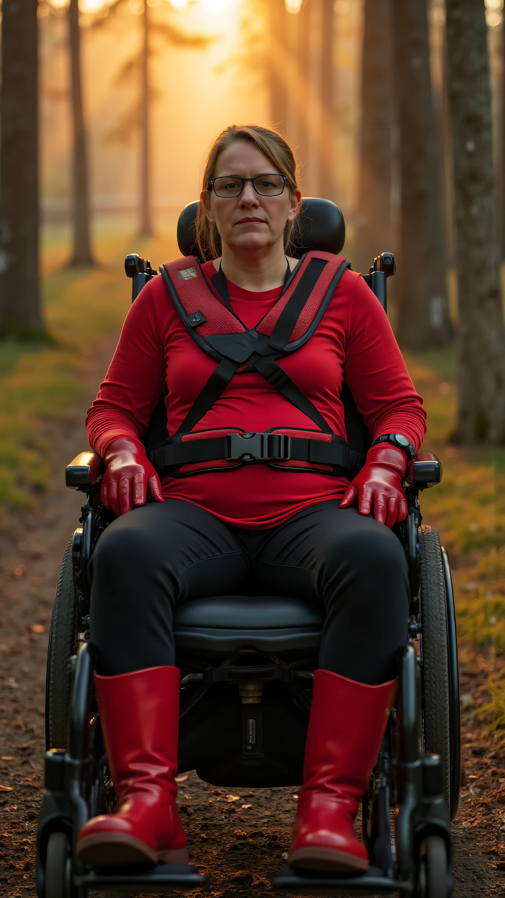 (A wide angle cinematic image taken at sunrise in a forest near a large log cabin :1.6) (cinematic lighting :1.4) (47 year old woman with large arms legs and a belly that bulges in her red long sleeve latex shirt :1.7) (wearing black rubber latex pants with high detail :1.5) (wearing red rubber boots and gloves :1.6) (sitting in a electric wheelchair with a thick shiny red and black rubber harness over her chest and a thick shiny red hip belt with black nylon strap reinforcement over the red padded latex :1.8)