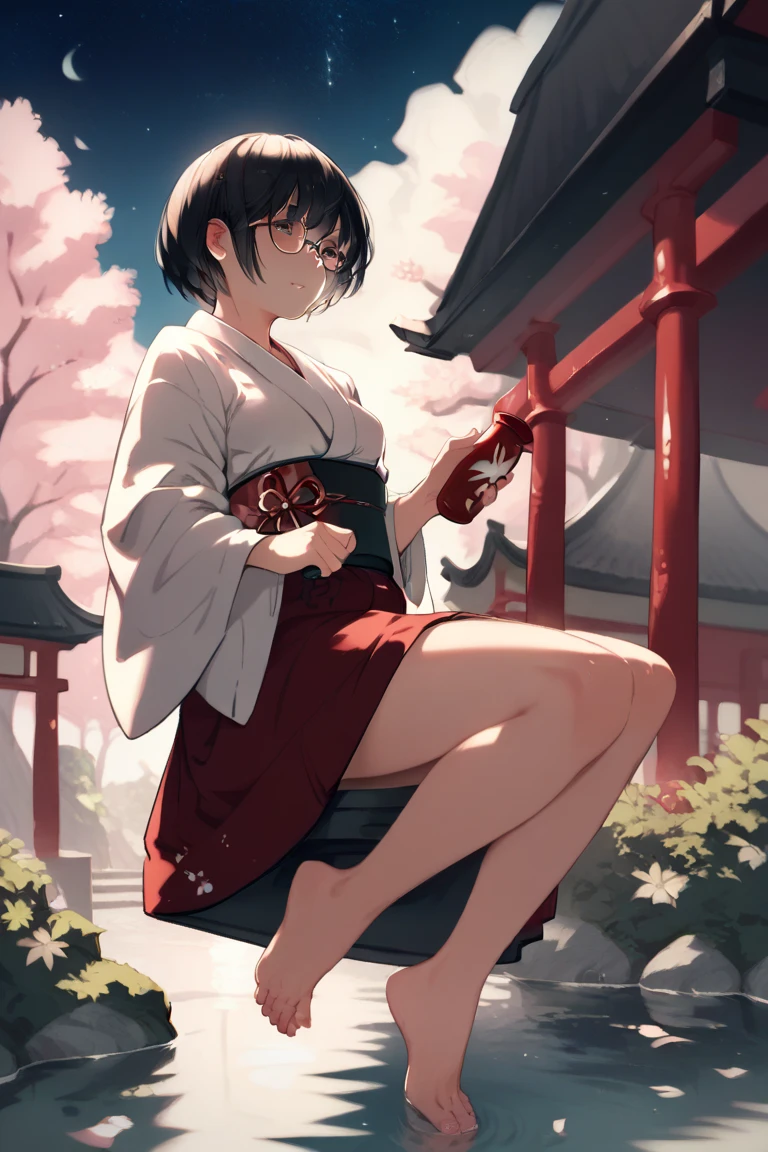 ((masterpiece,best quality)),2girls, black kimono, black pantyhose, no shoes, black ribbon, black hair, cherry blossoms, day, flower, hair bun, hair ribbon, japanese clothes, kimono, long hair, looking at viewer, looking back, multiple girls, obi, outdoors, red eyes, red hair, ribbon, sandals, single hair bun, stairs, standing, statue, torii, tree, white kimono, yellow eyes