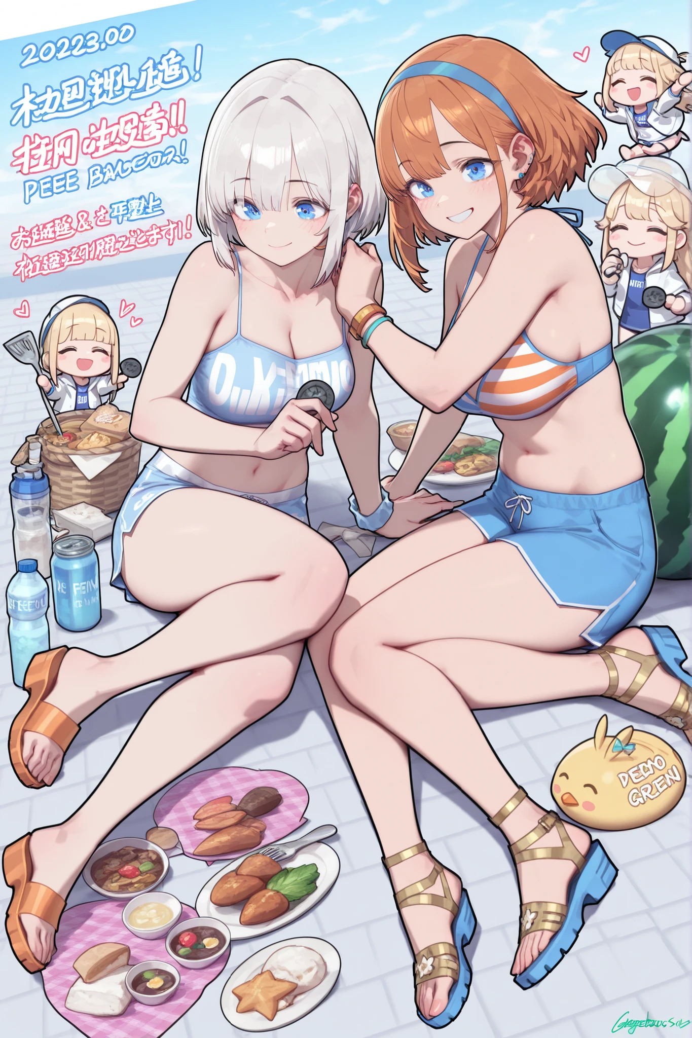 two Very beautiful girls, Gorgeous Face, completely blond hair, summer cloths,  smile, short hair, gestual, de pé, full body , fundo branco, happy