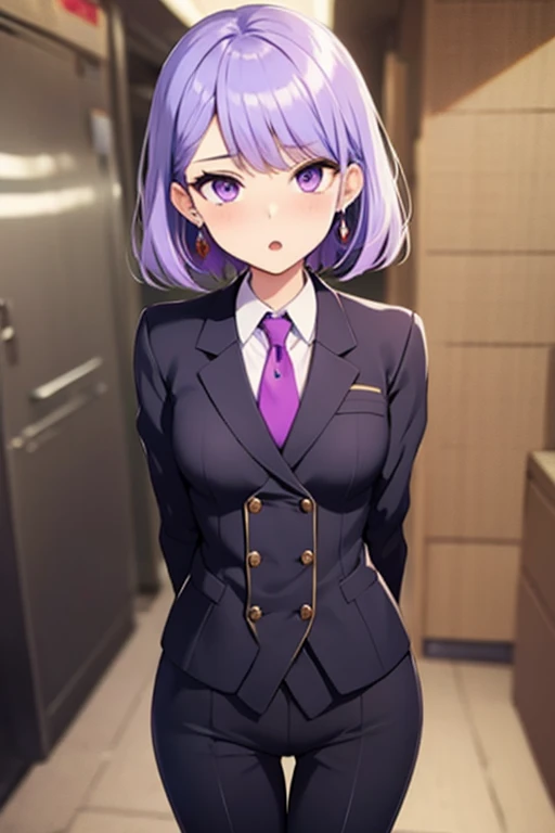 Anime girl, confident, light purple hair with bangs, light purple eyes, smiling, prestigious black high school uniform, school hallway, hands on hip