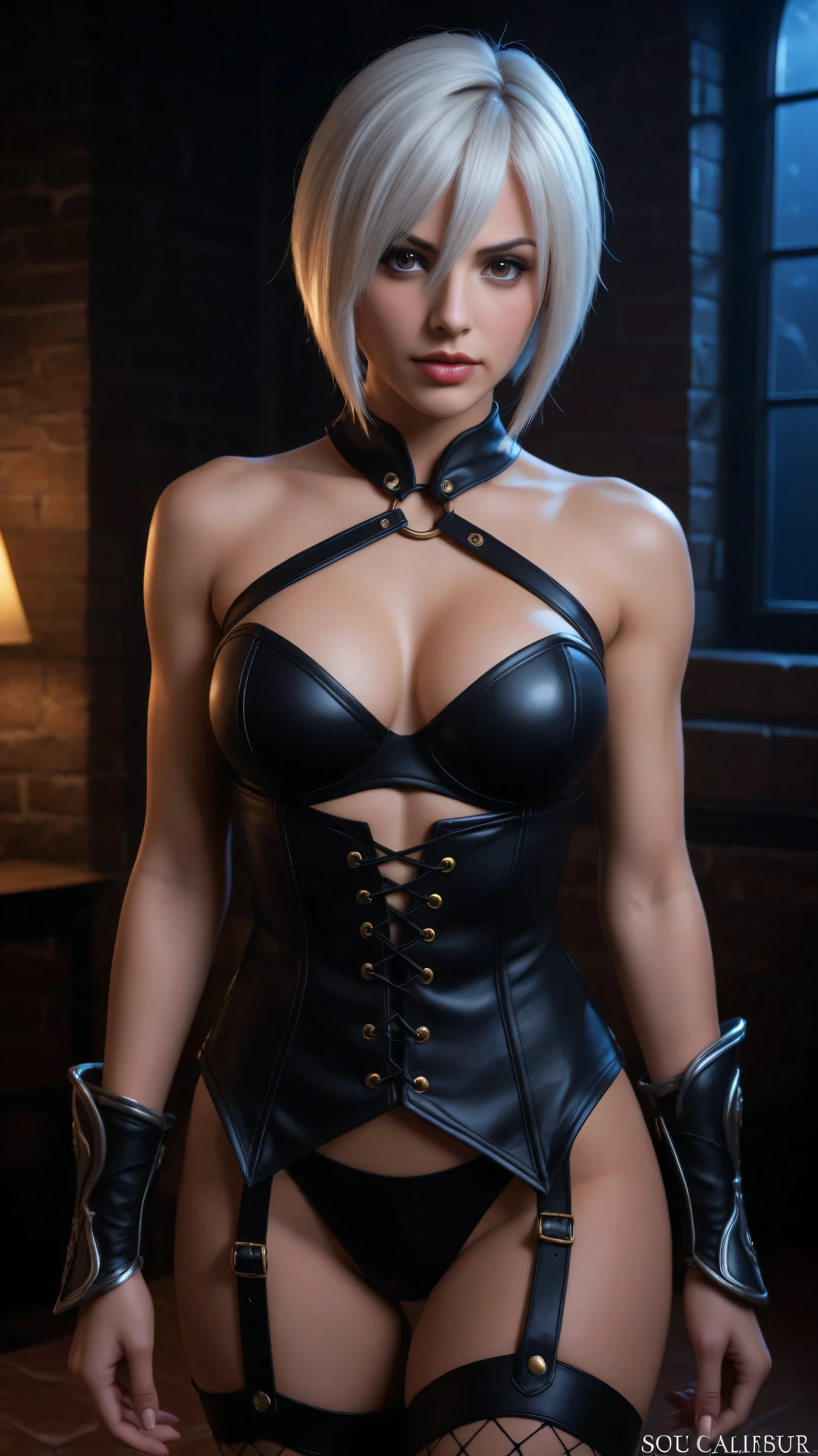  Ivy Valentine outfit by Soul Calibur ,  dark room with low lighting , at night