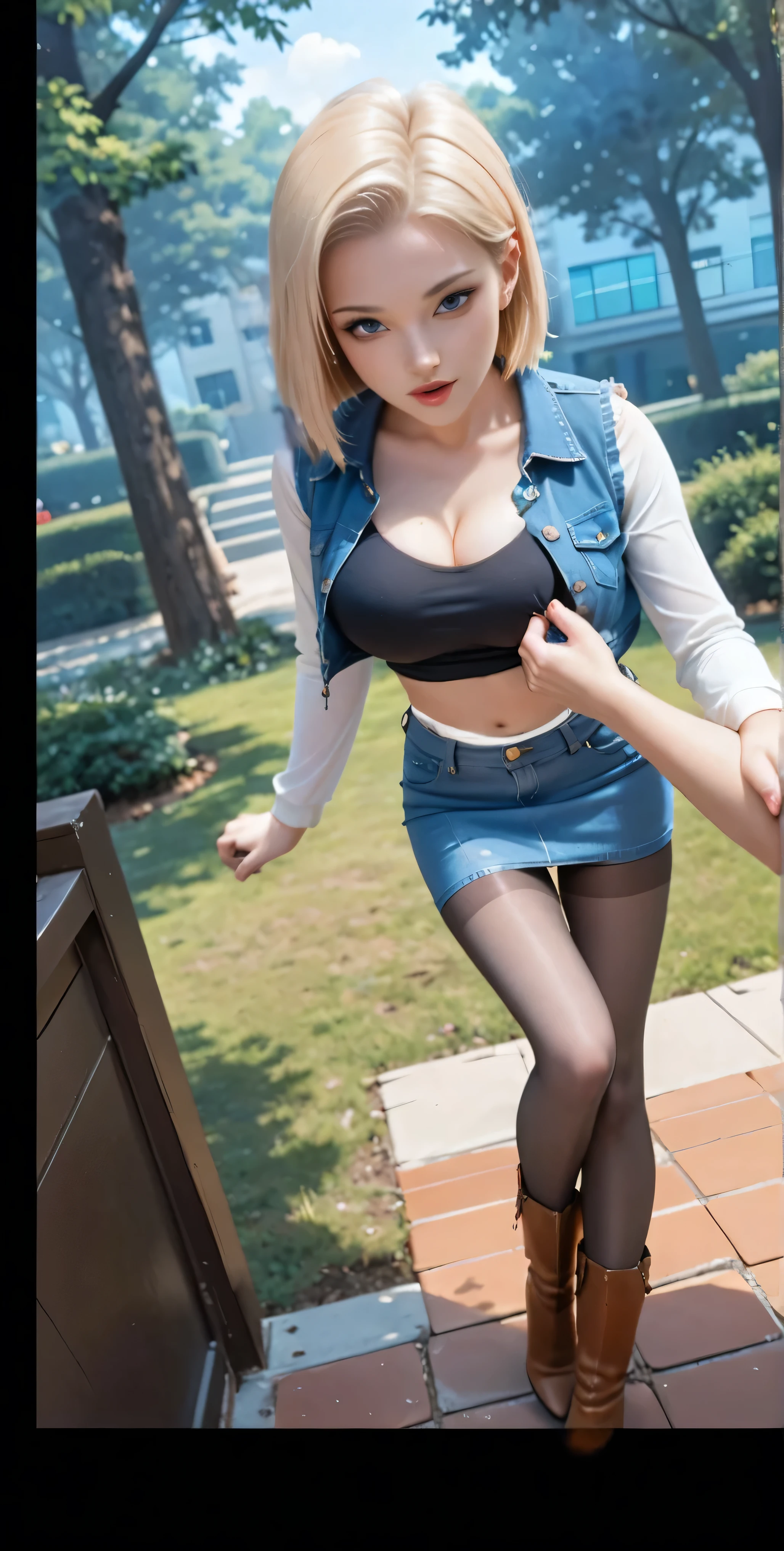 (One girl), (Android 18), (Her body and eyes face forward), ((She sat on the steps of the driveway outside the building and lifts one side of her denim mini skirt)), ((Intentionally holding the hem of the skirt with the one hand and pushing it up)), ((Her white sexy-panty is visible)), (She wore high leg panties), ((She looks straight at her boyfriend)), (Blonde hair), ( blonde girl), (She wearing light blonde hair), (Medium length hush cut hair), (Her slender legs and stylish short western cow-girl boots are clearly visible under the mini denim skirt she is wearing), (She have Very bouncing), (Wearing a short blue H-line denim skirt), (Wearing a mini denim vest), (The short mini vest she wears has three small circular buttons), (The denim skirt and denim vest colors match), (She Wear long sleeves), (Long sleeves with black stripes at regular intervals on a white background), (She wears flesh-colored illusion pantyhose), (The pantyhose she wears look like brown stockings), (She wore pantyhose and wore white white over them), (No-belt), (Wearing women's Western cowboy-boots), (Wearing a black t-shirt that exposes deep cleavage), (No bra), ( outside a black T-shirt), (Clearly exposed), (She winks with her left eye), (Boldly and fascinatingly winks her left eye and stares at me intently), (Sat on the steps of the driveway outside the building), ((Masterpiece))