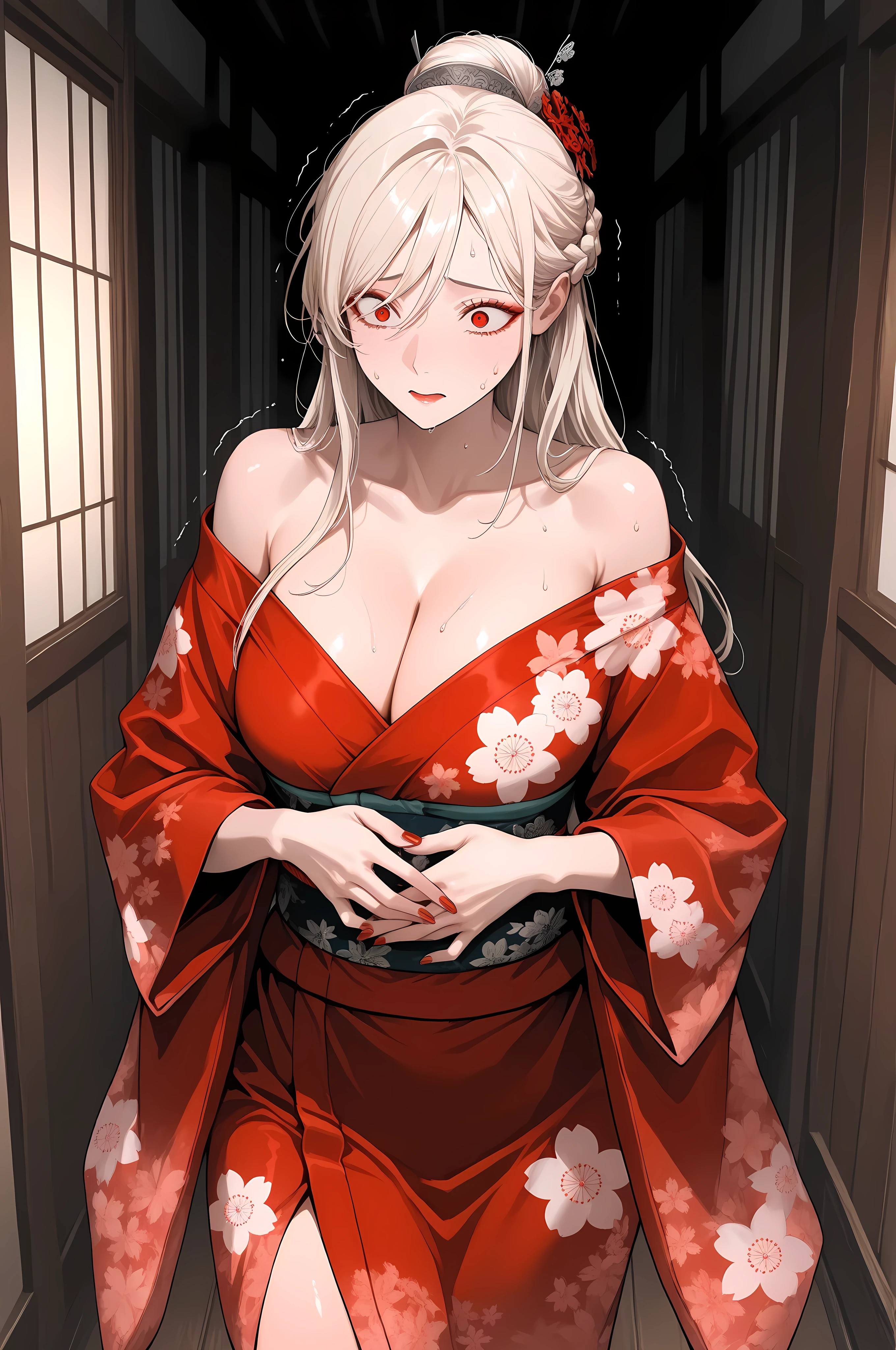 perfect eyes,bluspi, long hair, braid, single hair bun, hair ornament, kimono, bare shoulders, cleavage, floral print, wide sleeves, nail polish, red eyes, red yukata, 
cowboy shot,
Solo, general, masterpiece, highres, ultra-detailed, hyper-detailed, best quality,  amazing quality, very aesthetic, best hands, best eyes, best hand, 
Beautiful skin, top quality, High quality images, anatomically accurate , textured skin, Very Delicate 、
adult woman, 1woman, one hand clutching on own stomach, sweat, ,  walking forward,  nervous, scared, trembling legs, wooden hallway, chinese house, murim house, 