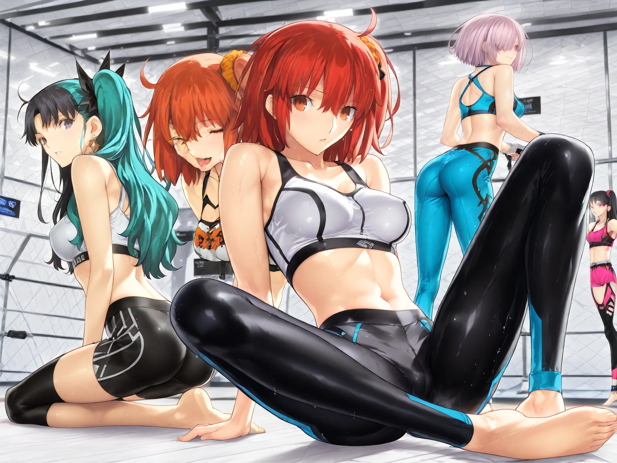 (masterpiece:1.1), (Highest Quality:1.1), (Super Detailed:1.1), (Fate/Grand Order style:1.3), (Thickly painted anime style:1.2), (anime style:1.25), takeuchi takashi,
(3girls:1.3), ((Fate/Grand Order)),
((steamy hot-yoga studio)), (breast),
((sensual and synchronized yoga atmosphere)),
((personA: Fujimaru Ritsuka (female), aaritsuka:1.4)),
((personB: Mash Kyrielight:1)),
((personC: Ishtar:1.3)),
((barefoot)), ((sports bra)), ((high-waist teal leggings)),
((3girls in perfect synchronized downward-dog row)),
((diagonal composition))
