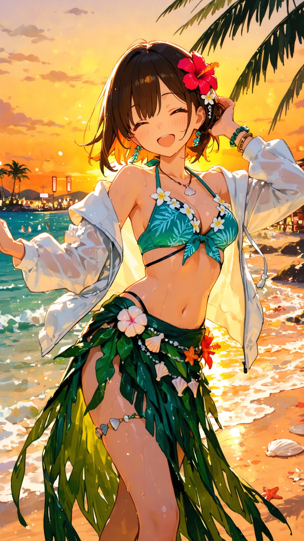 (Highest quality, masterpiece, High resolution)、(Anime Art)、 (reality)、Beautiful Japanese Women、(Two Women)、18-year-old、(Please put your hands on your hips)、(Detailed depiction of a beautiful face)、Smiling Kindly、Small breasts、Slim figure、Medium Short Hair、semi-long、Hair Bun、Wet 水着、bikini、モノキニbikini、A pareo skirt with bold ethnic patterns and plenty of primary colors、Realistic Skin、Wet、whole body、No zoom、No close-ups、Cinematic Light、Tropical colors、(Blank Background)、(White Background)、