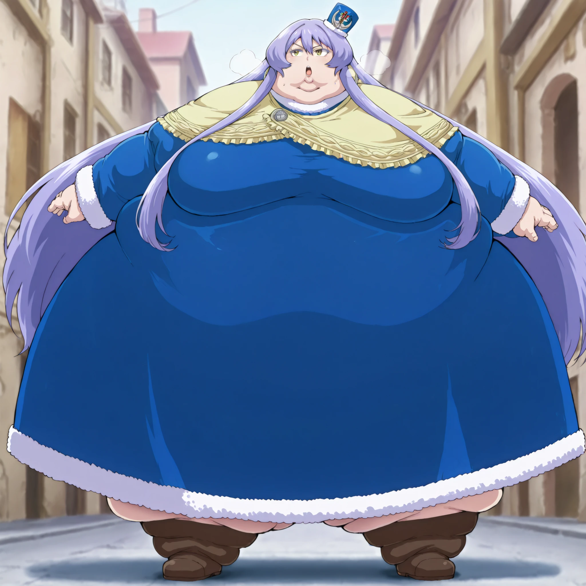 teltina-default,yellow eyes,purple hair,very long hair,sidelocks,yellow capelet,blue dress,long sleeves,fur-trimmed,tilted headwear,brown boots, fat, chubby, obese, fat neck, multiple chins, big breasts open mouth, out of breath, Larger female, full body shot, only head, large head, oversized limbs, large hands, large feet, oversized feet, oversized fingers, big lips, plump lips, fat face, fupa, big fupa, fat fupa, 