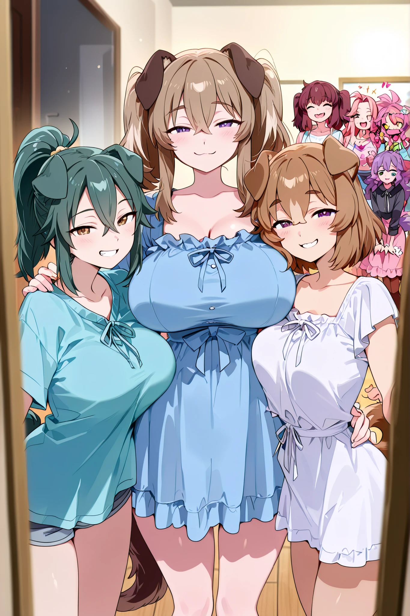 (masterpiece, best quality:1.2), very detailed, anime coloring, 4 girls, monster girls, anime girls, casual clothes, playful, warm smile, into a Petshop interior "Dog's House Inc", expectantly looking at the viewer, different Hairstyles, different hair colors, voluptuous bodies, big breasts, dog ears, dog tails