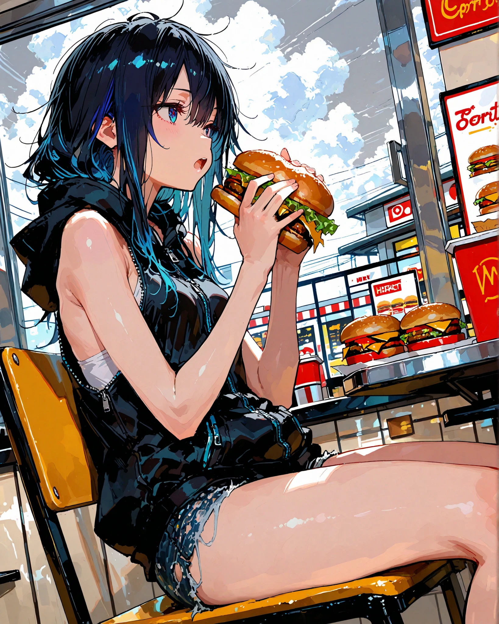 masterpiece, best quality, ultra-detailed, perfect anatomy,
748cmstyle,
messy hair, small breasts, black hair, long hair, blue eyes, blue highlights, zipper, black hoodie, sleeveless hoodie, ripped jean shorts,
holding burger, eating burger, sitting on chair,
looking afar, solo, 1girl,
indoors, cloudy sky, fast food restaurant,
open mouth, expressionless,