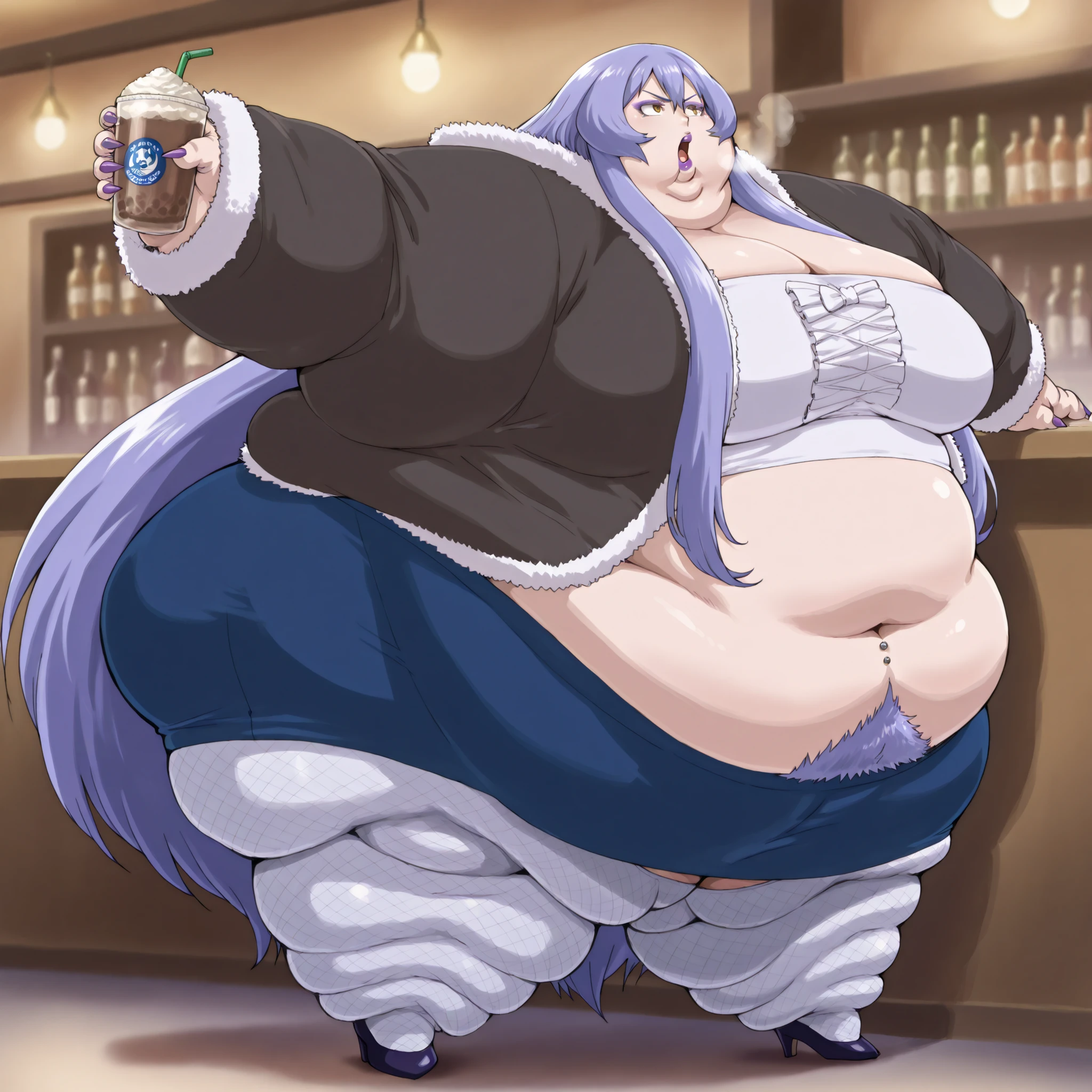 teltina-default,yellow eyes,purple hair,very long hair,sidelocks, mature female, furr jacket, tube top, midriff, belly button piercing, skirt, stockings, high heels, long nails, makeup, lipstick, fat, chubby, obese, fat neck, multiple chins, big breasts open mouth, out of breath, Larger female, full body shot, only head, large head, oversized limbs, large hands, large feet, oversized feet, oversized fingers, big lips, plump lips, fat face, fupa, big fupa, fat fupa, hunchback, pubic hair, hairy, at a bar, drinking