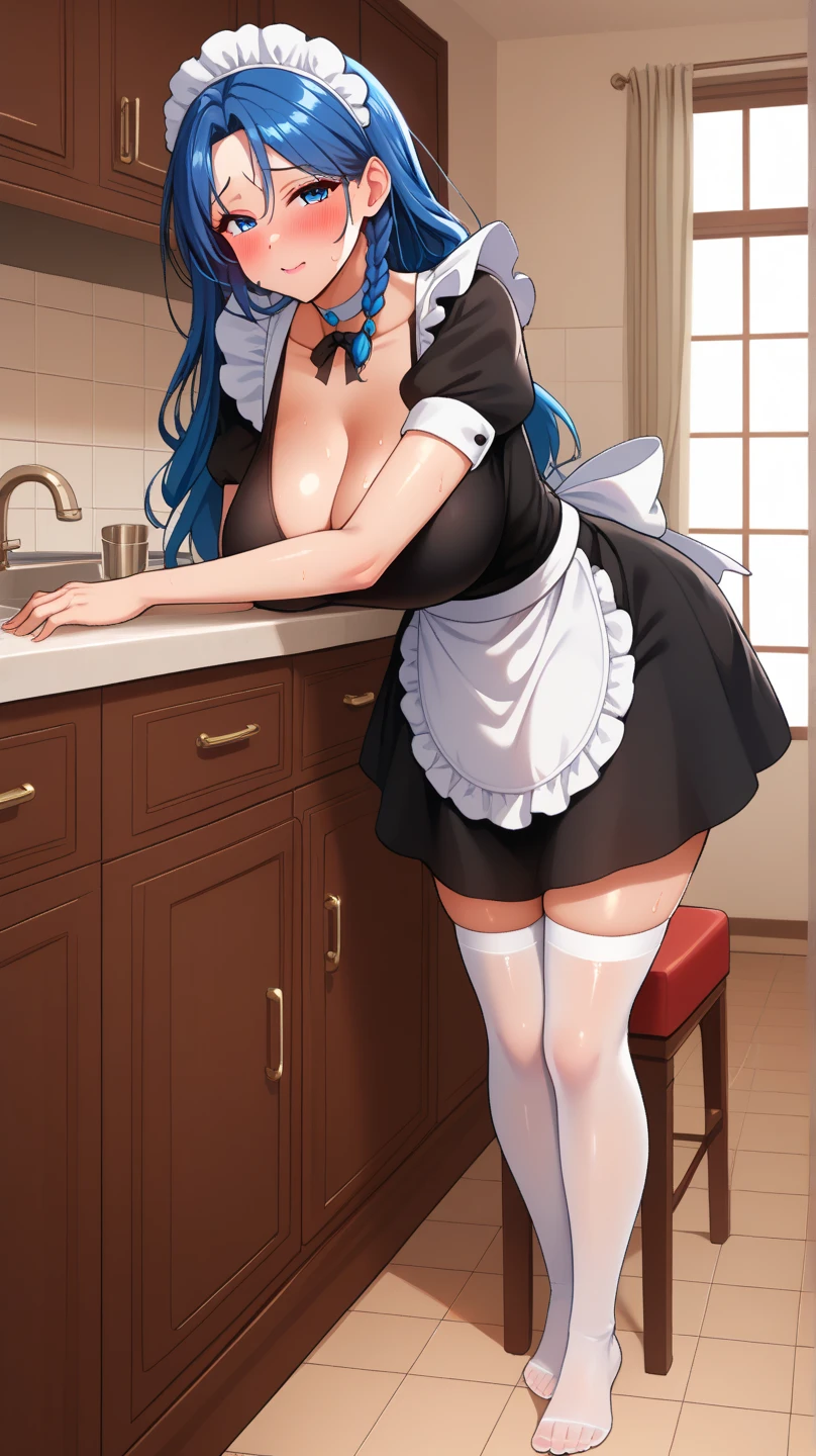 1girl,  Miyu, twintails, maid uniform , frills, waist apron, maid headdress, white apron, gloves, cleavage, windows, kitchen,