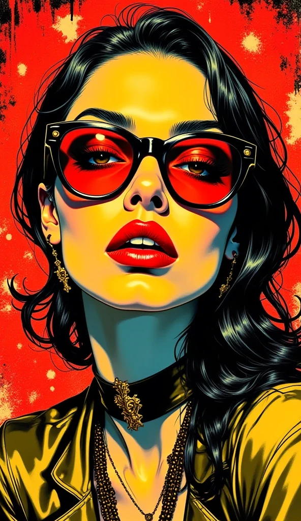 woman in a dress standing in front of simple background, up close, ((Art style by Patrick Nagel)), ((8k, wallpaper, detailed)), dark sunglasses, korean pop-star, black hair, pretty hands, fringe, simple red background, palm trees, (graffiti wall:1.2), strong, courageous, art by Patrick Nagel, album art cover