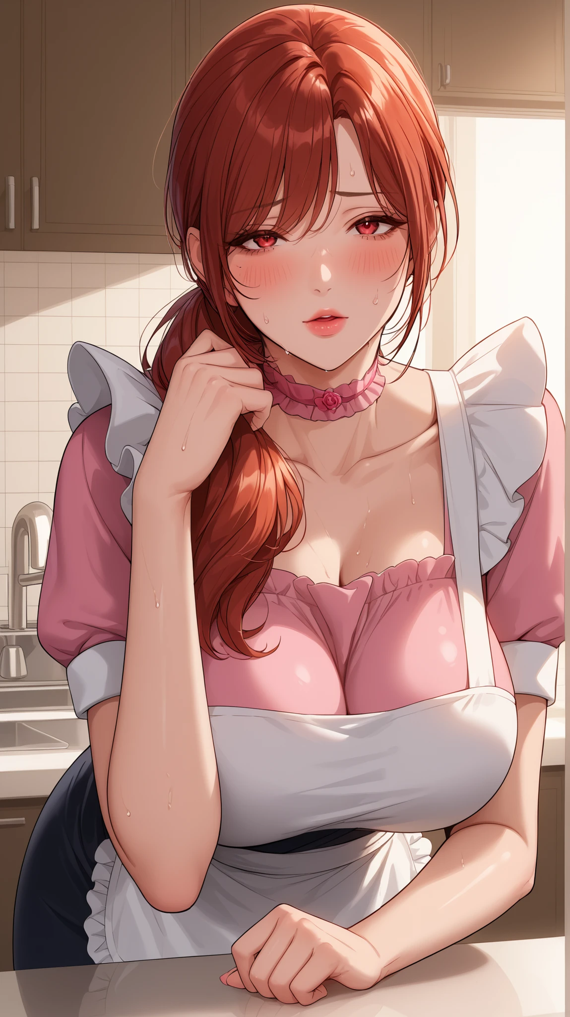 feetfocusILL, feet, soles, toes, mature female, milf, motherly, foot locking, score_9, score_8_consolation, score_7_consolation, score_6_consolation, score_5_consolation, score_4_consolation, Source _animation, Tag 1, Tag 2, Quality_Masterpiece, anatomically accurate, One woman only, Woman Standing Alone, beautiful face, perfect face wearing, 매우 디테일한 beautiful face과 눈, charming face, Detailed Face, delicate facial features, Very Big Breasts, EXTRA BIG ROUND BODY, Deep Bust, round and pretty breasts, fair white skin, Sparkling White Skin, Smooth Skin with No Wrinkles, sensual woman, mature woman, Milf, Slim Body, glamour, rolled her eyeballs like her mother, wearing a maid's suit, Sexy maid outfit, short sleeve and mini skirt, Exclusive Maid, puzzled, shy, Super High Quality, opens her mouth right in front of her husband, warm, sweating, sweat, sweat을 흘렸다, STEAM BREAK rating _Explicit, bent over, wave ponytail, Red hair, Red Eye, short sleeve pink frill blouse, Pink Mini Skirt, white ruffle apron, pink choker , white stockings, pink ruffle katyusha, Kitchen, in front of sink, Dining table, chair, Shy beauty, Sexually Horny Look, various poses