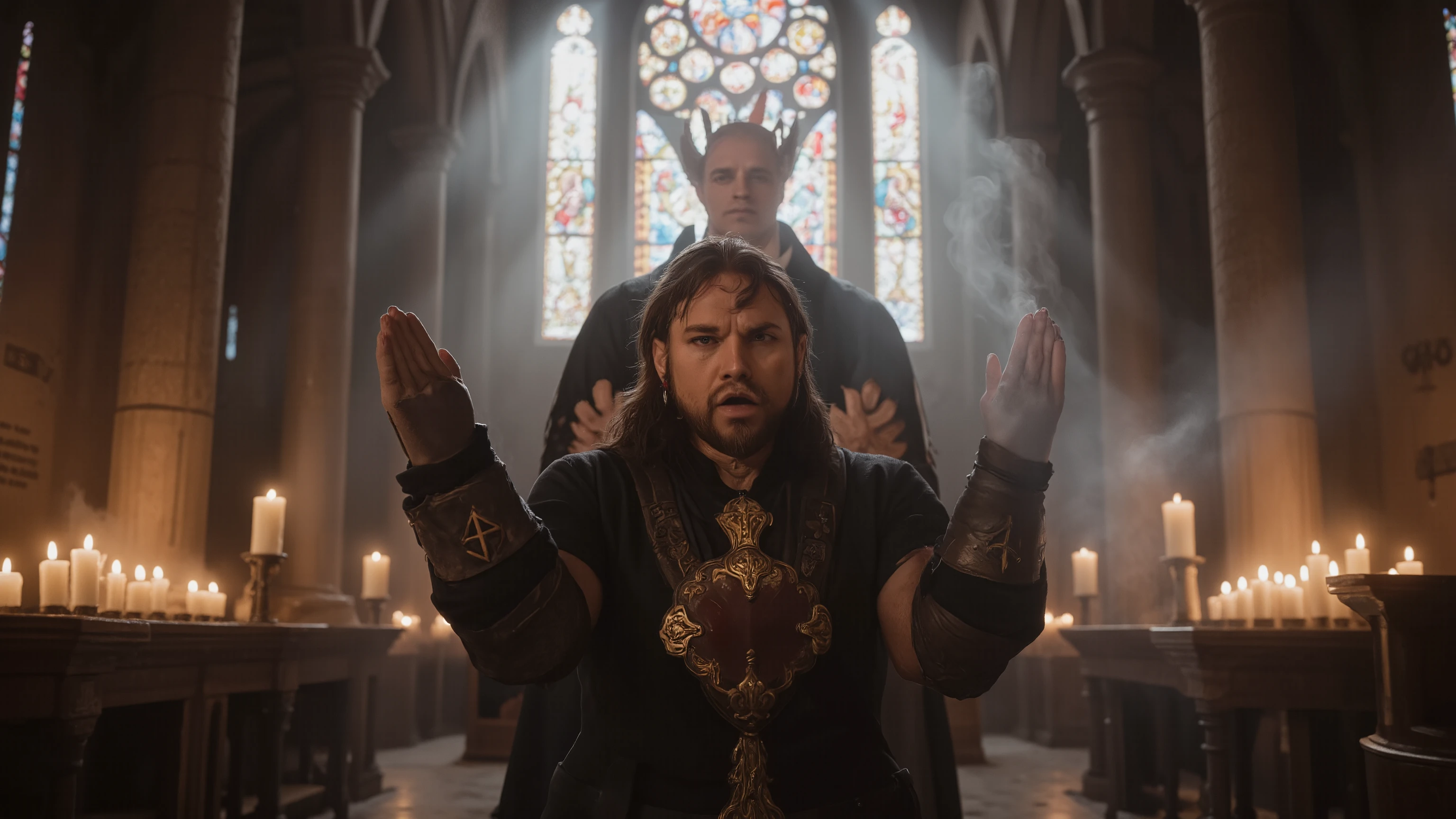 A powerful exorcist stands at the threshold between light and darkness, face illuminated by candlelight, hands raised in prayer, ornate religious symbols etched into leather gauntlets, determination in their eyes, tattered priestly robes billowing, ancient cathedral interior with stained glass windows casting colorful light patterns, smoke and incense swirling in beams of light, demonic shadows retreating from holy artifacts, atmosphere of divine tension and supernatural conflict, photorealistic, cinematic lighting, 32k, UHQ, UHD, HDR, ray tracing, masterpiece, award-winning