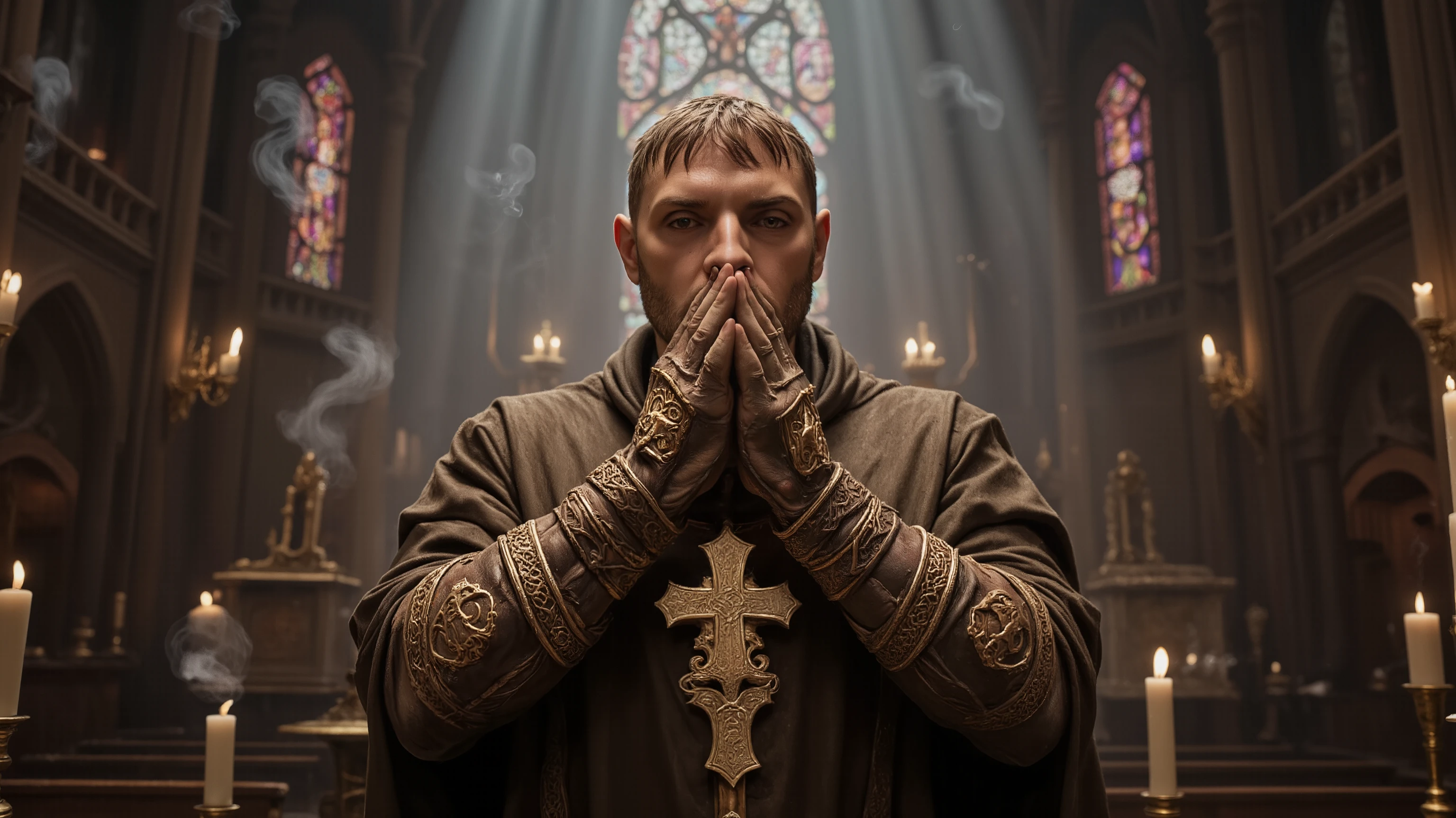 A powerful exorcist stands at the threshold between light and darkness, face illuminated by candlelight, hands raised in prayer, ornate religious symbols etched into leather gauntlets, determination in their eyes, tattered priestly robes billowing, ancient cathedral interior with stained glass windows casting colorful light patterns, smoke and incense swirling in beams of light, demonic shadows retreating from holy artifacts, atmosphere of divine tension and supernatural conflict, photorealistic, cinematic lighting, 32k, UHQ, UHD, HDR, ray tracing, masterpiece, award-winning