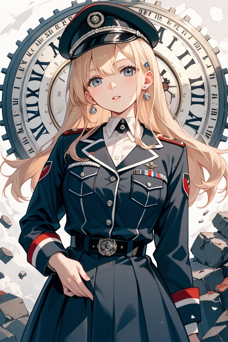 Santiago Caruso style,One girl，London Fashion，Female Agent，black，garter，military cap，Railroad Man Coat，Tyrolean hat，(from the front:2.0)，new age，银色Long Hair，ponytail，Long Hair，Cowboy Shot,View your viewers，(bangs_fixed_return:1.0),salute，Look at the people，A gun is attached to his waist，Red tassel ribbon，