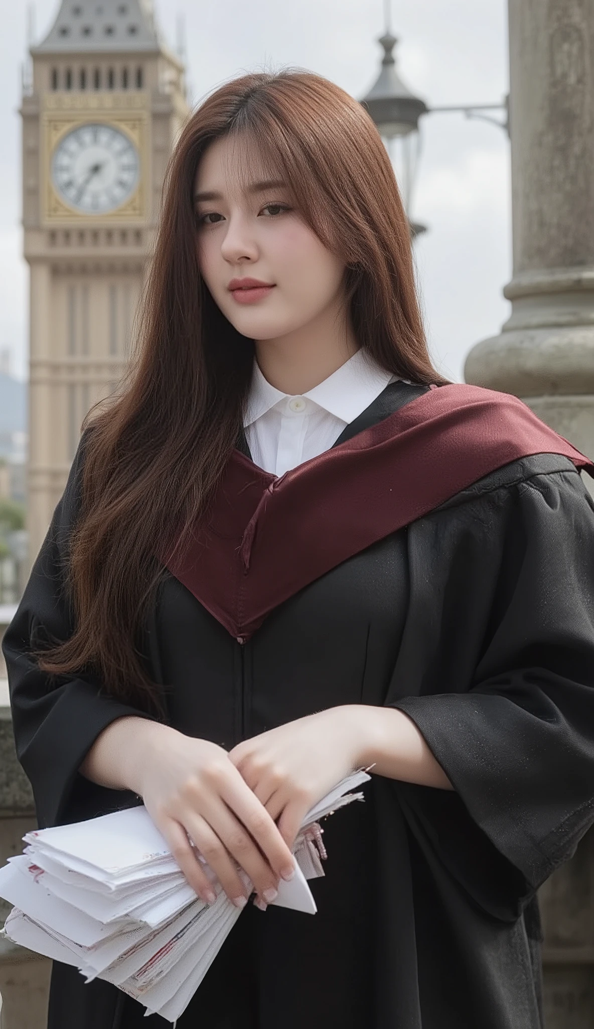 A portrait image shows a young Korean-Thai woman standing in London.
She has a long, fluffy haircut, showing off her narrow forehead. She has a voluptuous figure. She is chubby-sexy. She has a dark cherry-red hair colour. She wears a graduation gown. The gown is a flowing black academic gown with wide sleeves; deep burgundy V-shaped hood/collar. The V-shaped hood/collar wraps around her neck without any separation. Underneath the V-shaped hood/collar, there is a long zipper at the front of the gown. The gown covers almost all her inside clothes, from her neck to her knees. Only a white shirt's collar is exposed from the gown. She seductively smiles at the camera. She holds a heavy stack of documents with two hands.
The background is Big Ben. The overall landscape view is included.