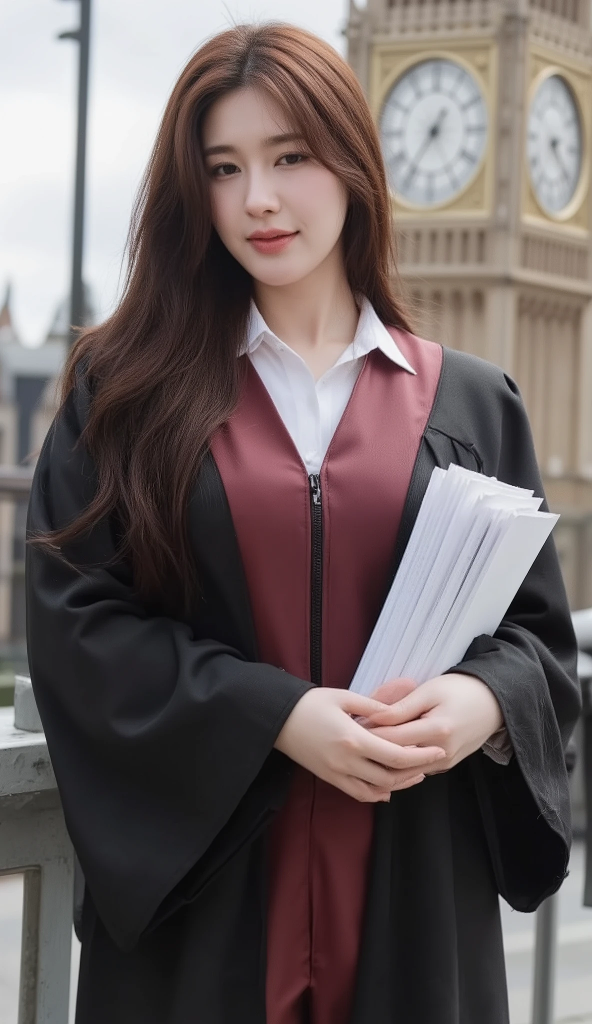 A portrait image shows a young Korean-Thai woman standing in London.
She has a long, fluffy haircut, showing off her narrow forehead. She has a voluptuous figure. She is chubby-sexy. She has a dark cherry-red hair colour. She wears a graduation gown. The gown is a flowing black academic gown with wide sleeves; deep burgundy V-shaped hood/collar. The V-shaped hood/collar wraps around her neck without any separation. Underneath the V-shaped hood/collar, there is a long zipper at the front of the gown. The gown covers almost all her inside clothes, from her neck to her knees. Only a white shirt's collar is exposed from the gown. She seductively smiles at the camera. She holds a heavy stack of documents with two hands.
The background is Big Ben. The overall landscape view is included.