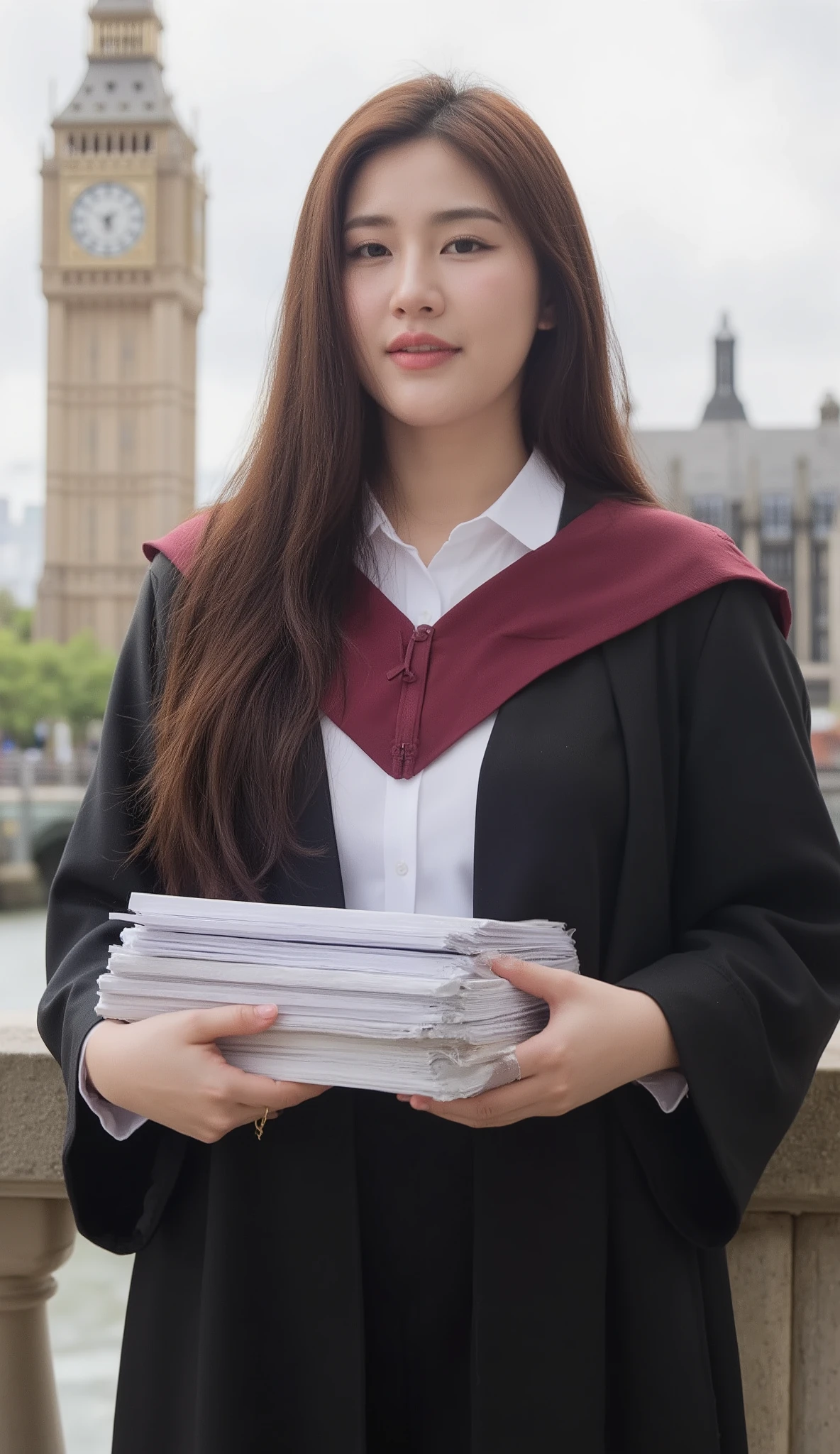 A portrait image shows a young Korean-Thai woman standing in London.

She has a long, fluffy haircut, showing off her narrow forehead. She has a voluptuous figure. She is chubby-sexy. She has a dark cherry-red hair colour. She wears a graduation gown. The gown is a flowing black academic gown with wide sleeves; deep burgundy V-shaped hood/collar. The V-shaped hood/collar wraps around her neck without any separation. Underneath the V-shaped hood/collar, there is a long zipper at the front of the gown. The gown covers almost all her inside clothes, from her neck to her knees, showing her thighs through a black pleated skirt. Only a white shirt's collar is exposed from the gown. She seductively smiles at the camera. She holds a heavy stack of documents with two hands.
The background is Big Ben. The overall landscape view is included. 
