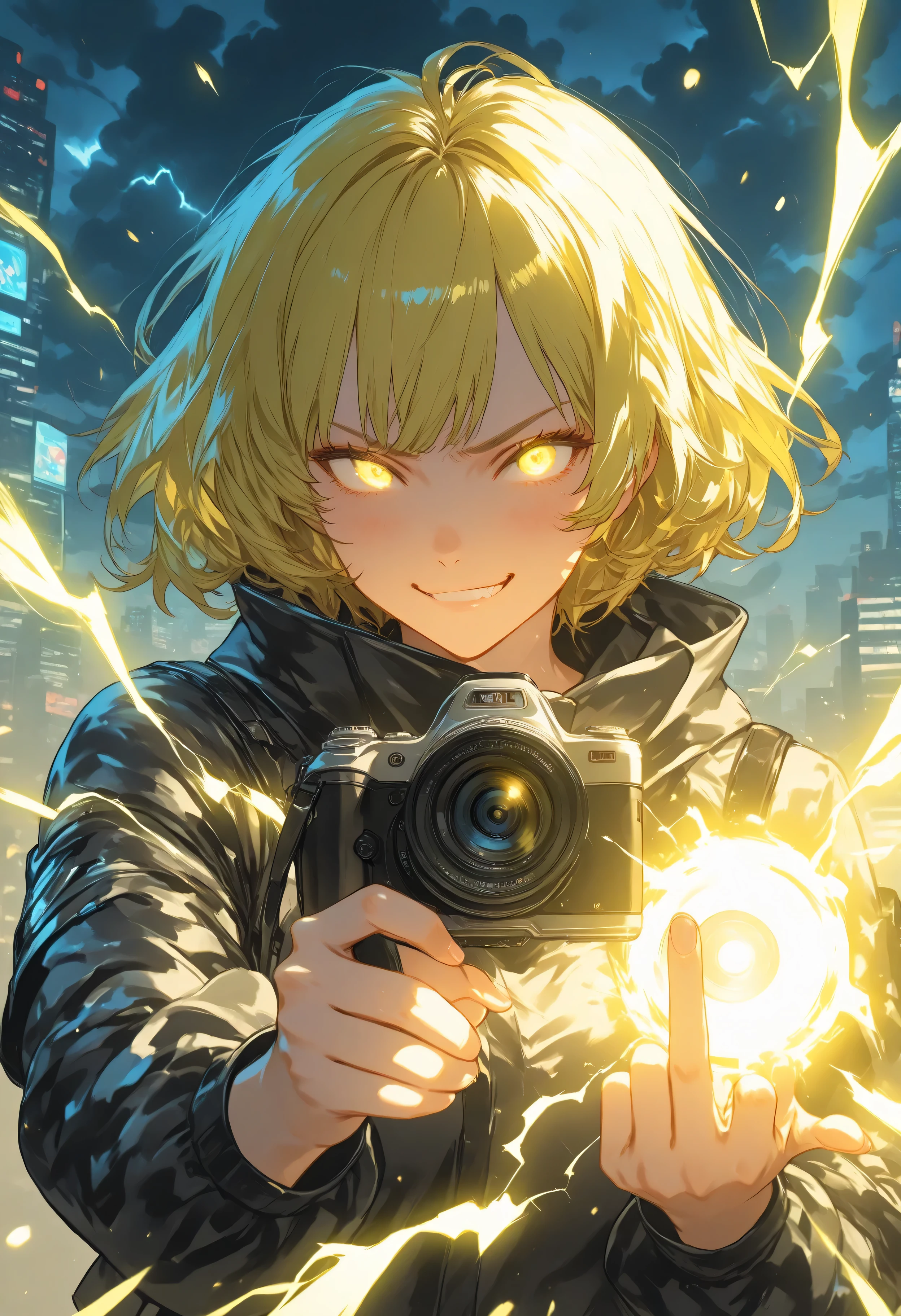 A 5-second cinematic video in Valorant art style, hyper-realistic, featuring Neon (Valorant),
**Timeline (5 seconds):**
- **0:00-0:50**: Neon stands in a dynamic pose, body slightly turned to the left, intense narrow eyes locked on the target, confident smirk. Her left hand is relaxed by her side, faint blue-yellow electric sparks flickering around her fingertips. The camera slowly zooms in, dark clouds pulse with faint lightning in the background.
- **0:50-1:50**: Neon thrusts her left hand forward, extending index and middle fingers in a pistol gesture, thumb and other fingers curled back. A glowing blue-yellow electric aura intensifies around her hand, sparks exploding outward. The camera shakes slightly as storm clouds rumble, neon lights flicker in the cityscape.
- **1:50-3:00**: Crackling blue-yellow lightning bolts surge from her fingertips, shooting directly toward the camera in a branching, plasma-like discharge. The lightning illuminates her face and surroundings, casting dramatic shadows. The camera pulls back slightly to show the lightning’s path, with electric arcs splitting and crackling in the air.
- **3:00-4:00**: The lightning bolts reach their peak intensity, creating a shockwave distortion effect in the air. Neon’s hair and jacket flutter from the energy surge, her confident smirk widens, eyes glowing faintly with electric energy. The camera tilts upward to capture the lightning streaking into the stormy sky, merging with distant thunderbolts.
- **4:00-5:00**: The lightning fades, leaving glowing electric particles swirling around Neon. She lowers her hand slightly, maintaining her intense gaze. The camera zooms out to reveal the futuristic cityscape, now illuminated by fading neon sparks and distant lightning flashes in the clouds. The scene ends with Neon standing tall, a trail of electric smoke rising from her fingertips.