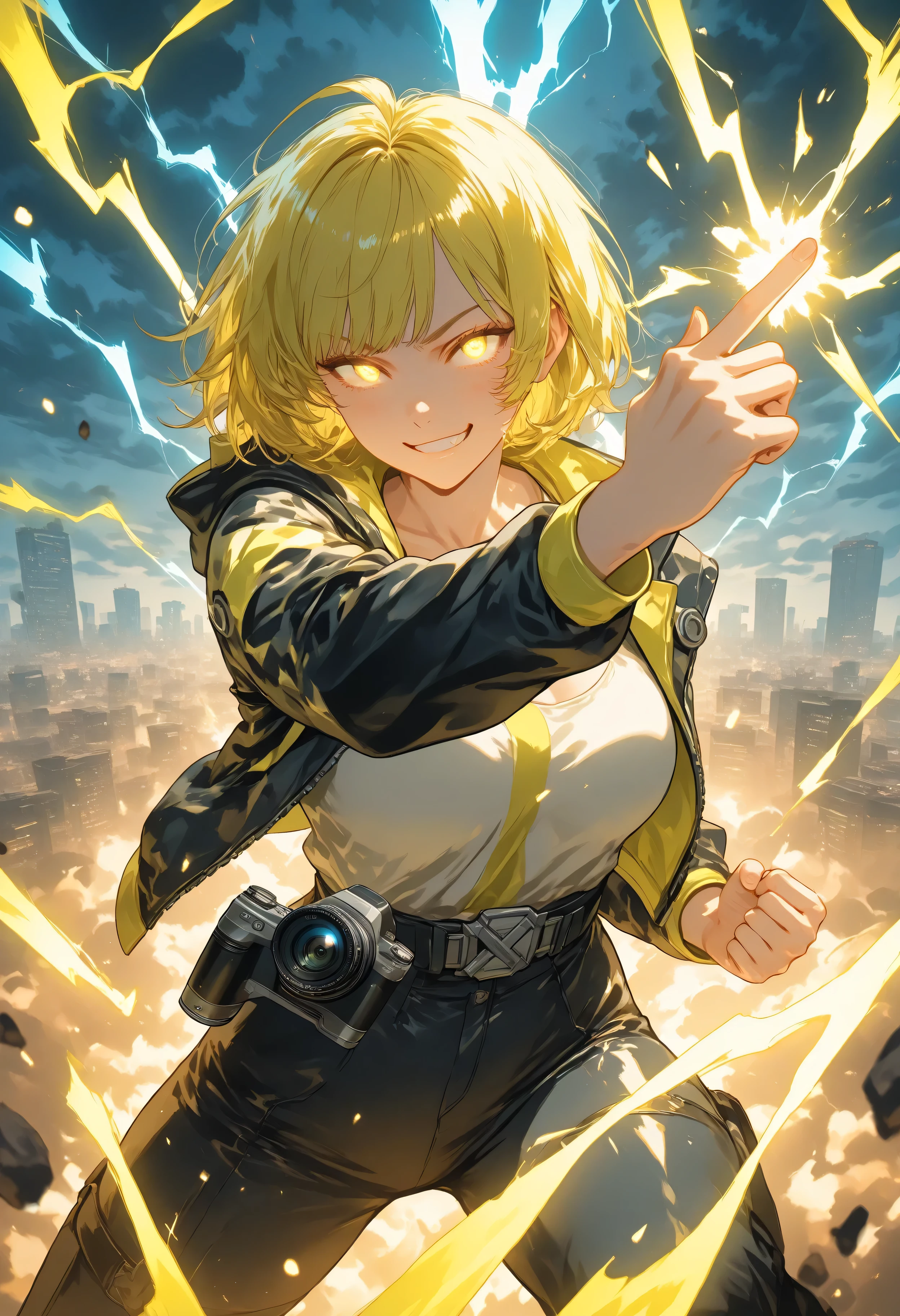 A 5-second cinematic video in Valorant art style, hyper-realistic, featuring Neon (Valorant),
**Timeline (5 seconds):**
- **0:00-0:50**: Neon stands in a dynamic pose, body slightly turned to the left, intense narrow eyes locked on the target, confident smirk. Her left hand is relaxed by her side, faint blue-yellow electric sparks flickering around her fingertips. The camera slowly zooms in, dark clouds pulse with faint lightning in the background.
- **0:50-1:50**: Neon thrusts her left hand forward, extending index and middle fingers in a pistol gesture, thumb and other fingers curled back. A glowing blue-yellow electric aura intensifies around her hand, sparks exploding outward. The camera shakes slightly as storm clouds rumble, neon lights flicker in the cityscape.
- **1:50-3:00**: Crackling blue-yellow lightning bolts surge from her fingertips, shooting directly toward the camera in a branching, plasma-like discharge. The lightning illuminates her face and surroundings, casting dramatic shadows. The camera pulls back slightly to show the lightning’s path, with electric arcs splitting and crackling in the air.
- **3:00-4:00**: The lightning bolts reach their peak intensity, creating a shockwave distortion effect in the air. Neon’s hair and jacket flutter from the energy surge, her confident smirk widens, eyes glowing faintly with electric energy. The camera tilts upward to capture the lightning streaking into the stormy sky, merging with distant thunderbolts.
- **4:00-5:00**: The lightning fades, leaving glowing electric particles swirling around Neon. She lowers her hand slightly, maintaining her intense gaze. The camera zooms out to reveal the futuristic cityscape, now illuminated by fading neon sparks and distant lightning flashes in the clouds. The scene ends with Neon standing tall, a trail of electric smoke rising from her fingertips.