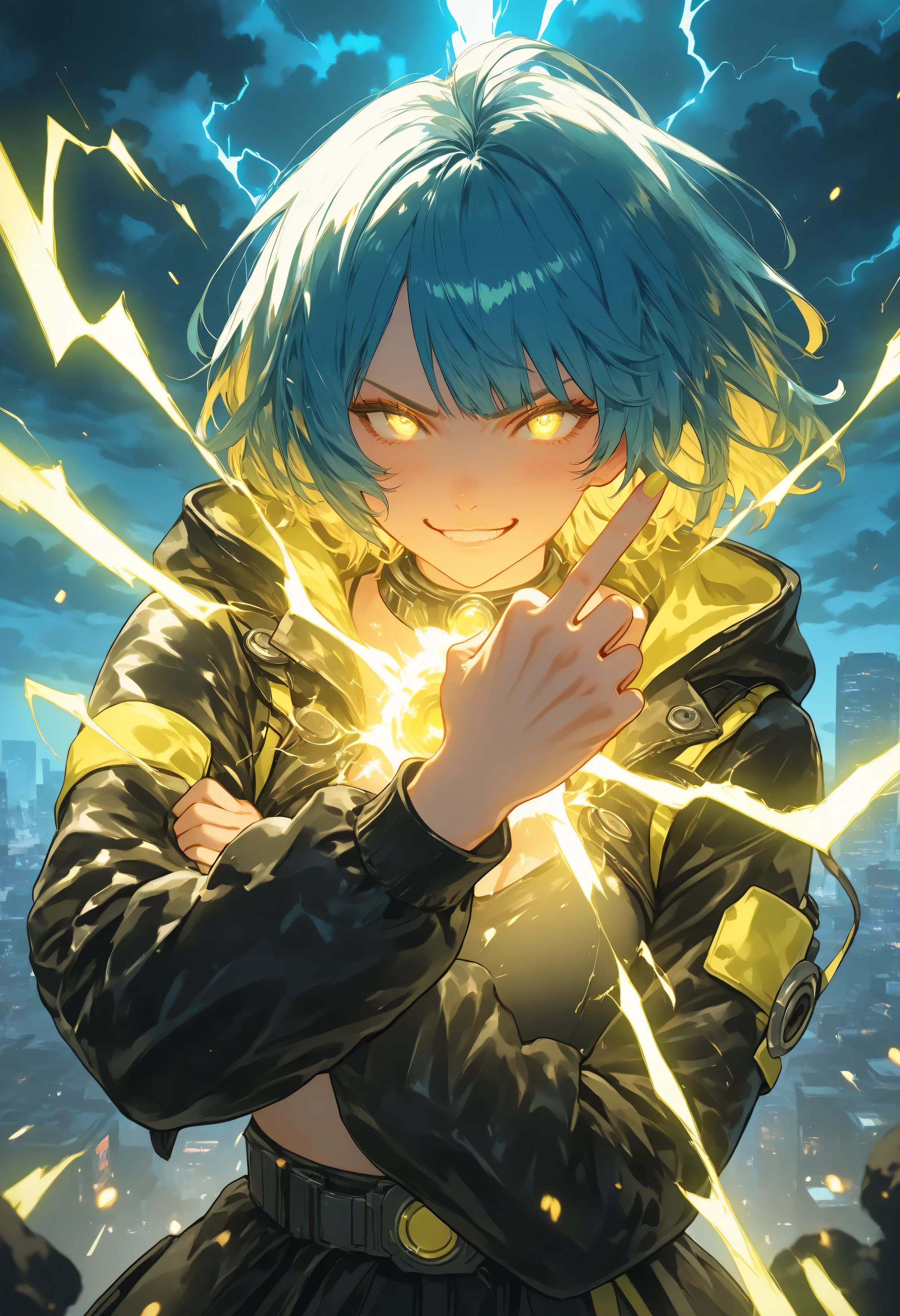 A 5-second cinematic video in Valorant art style, hyper-realistic, featuring Neon (Valorant),
**Timeline (5 seconds):**
- **0:00-0:50**: Neon stands in a dynamic pose, body slightly turned to the left, intense narrow eyes locked on the target, confident smirk. Her left hand is relaxed by her side, faint blue-yellow electric sparks flickering around her fingertips. The camera slowly zooms in, dark clouds pulse with faint lightning in the background.
- **0:50-1:50**: Neon thrusts her left hand forward, extending index and middle fingers in a pistol gesture, thumb and other fingers curled back. A glowing blue-yellow electric aura intensifies around her hand, sparks exploding outward. The camera shakes slightly as storm clouds rumble, neon lights flicker in the cityscape.
- **1:50-3:00**: Crackling blue-yellow lightning bolts surge from her fingertips, shooting directly toward the camera in a branching, plasma-like discharge. The lightning illuminates her face and surroundings, casting dramatic shadows. The camera pulls back slightly to show the lightning’s path, with electric arcs splitting and crackling in the air.
- **3:00-4:00**: The lightning bolts reach their peak intensity, creating a shockwave distortion effect in the air. Neon’s hair and jacket flutter from the energy surge, her confident smirk widens, eyes glowing faintly with electric energy. The camera tilts upward to capture the lightning streaking into the stormy sky, merging with distant thunderbolts.
- **4:00-5:00**: The lightning fades, leaving glowing electric particles swirling around Neon. She lowers her hand slightly, maintaining her intense gaze. The camera zooms out to reveal the futuristic cityscape, now illuminated by fading neon sparks and distant lightning flashes in the clouds. The scene ends with Neon standing tall, a trail of electric smoke rising from her fingertips.