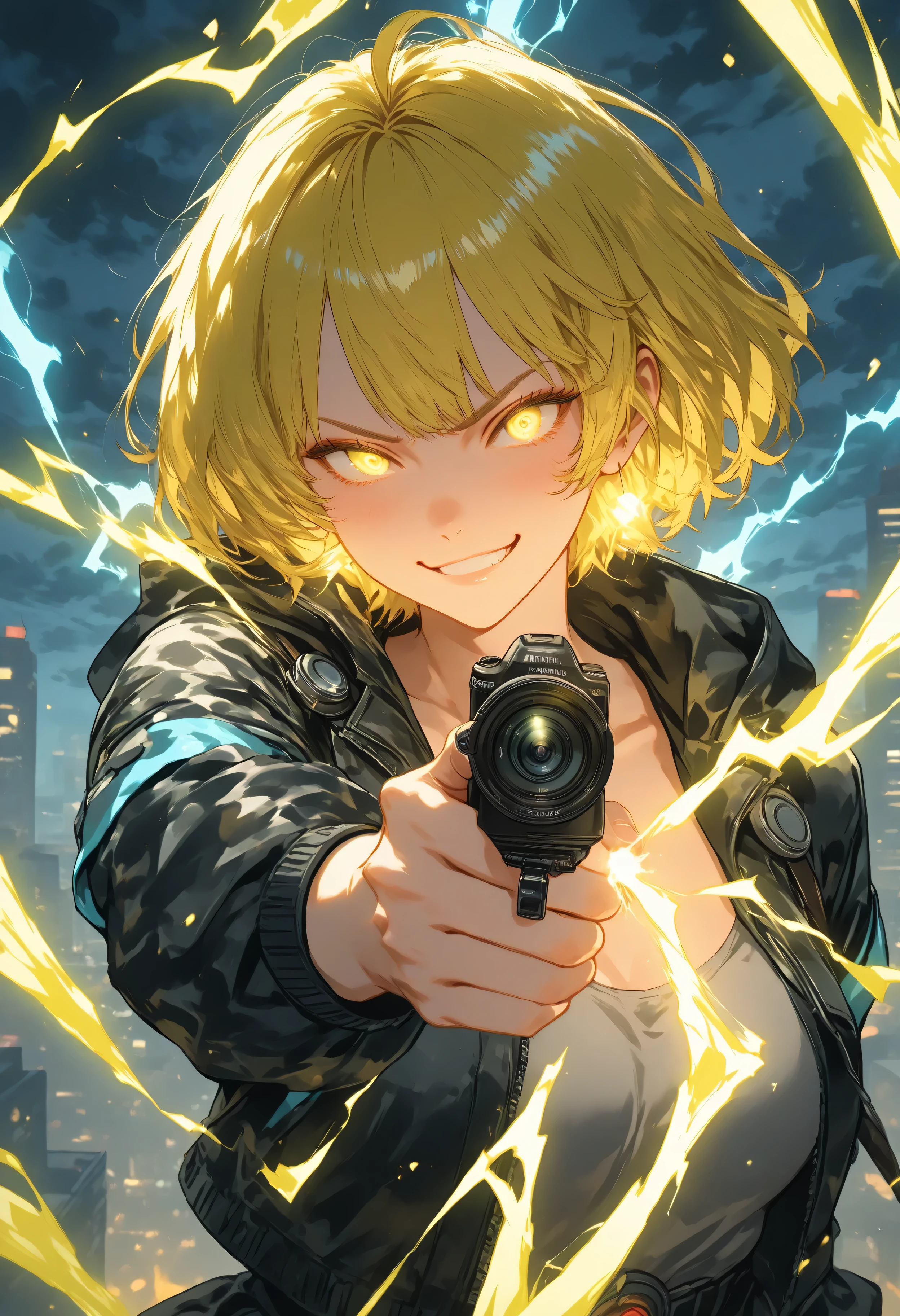 A 5-second cinematic video in Valorant art style, hyper-realistic, featuring Neon (Valorant),
**Timeline (5 seconds):**
- **0:00-0:50**: Neon stands in a dynamic pose, body slightly turned to the left, intense narrow eyes locked on the target, confident smirk. Her left hand is relaxed by her side, faint blue-yellow electric sparks flickering around her fingertips. The camera slowly zooms in, dark clouds pulse with faint lightning in the background.
- **0:50-1:50**: Neon thrusts her left hand forward, extending index and middle fingers in a pistol gesture, thumb and other fingers curled back. A glowing blue-yellow electric aura intensifies around her hand, sparks exploding outward. The camera shakes slightly as storm clouds rumble, neon lights flicker in the cityscape.
- **1:50-3:00**: Crackling blue-yellow lightning bolts surge from her fingertips, shooting directly toward the camera in a branching, plasma-like discharge. The lightning illuminates her face and surroundings, casting dramatic shadows. The camera pulls back slightly to show the lightning’s path, with electric arcs splitting and crackling in the air.
- **3:00-4:00**: The lightning bolts reach their peak intensity, creating a shockwave distortion effect in the air. Neon’s hair and jacket flutter from the energy surge, her confident smirk widens, eyes glowing faintly with electric energy. The camera tilts upward to capture the lightning streaking into the stormy sky, merging with distant thunderbolts.
- **4:00-5:00**: The lightning fades, leaving glowing electric particles swirling around Neon. She lowers her hand slightly, maintaining her intense gaze. The camera zooms out to reveal the futuristic cityscape, now illuminated by fading neon sparks and distant lightning flashes in the clouds. The scene ends with Neon standing tall, a trail of electric smoke rising from her fingertips.