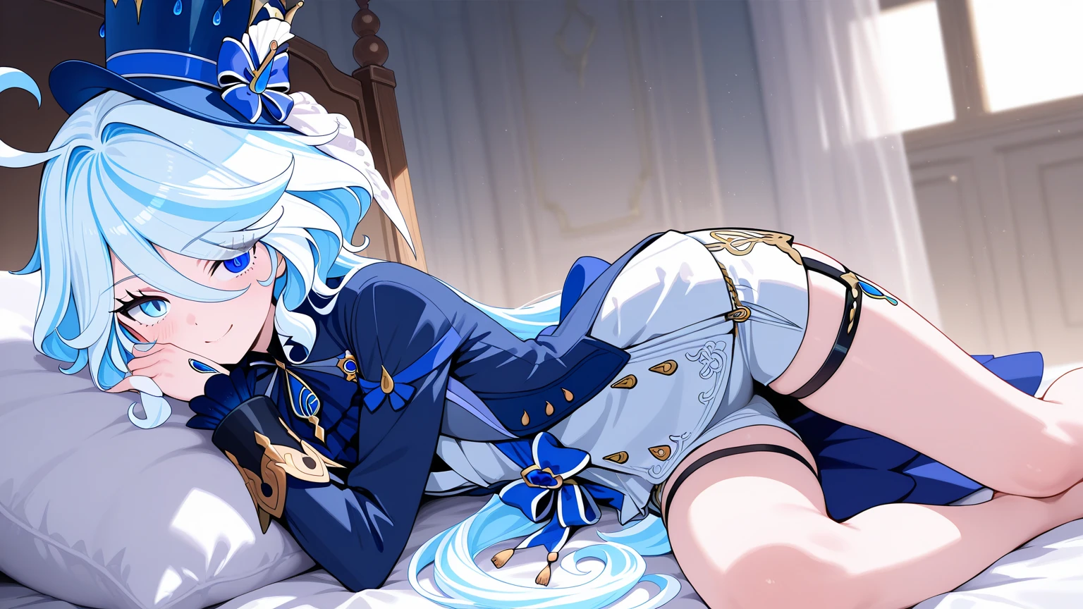 Genshin impact character kamisato ayaka blue eyes withe long hair in panties only lying on bed ????????? holding ice sword