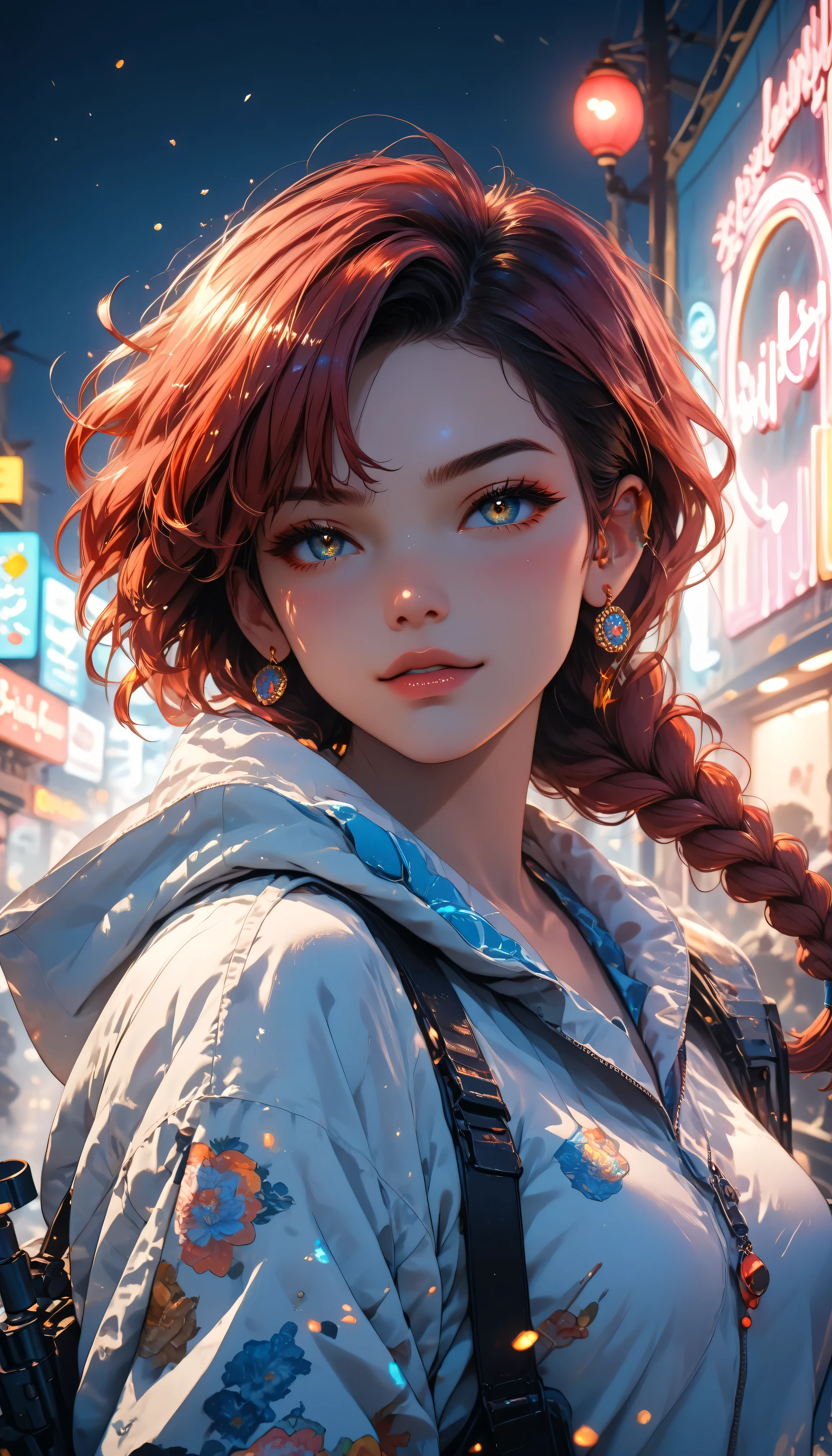 The girl shoots her big gun while releasing blue braids that wave in the wind, surrounded by bright neon lights.