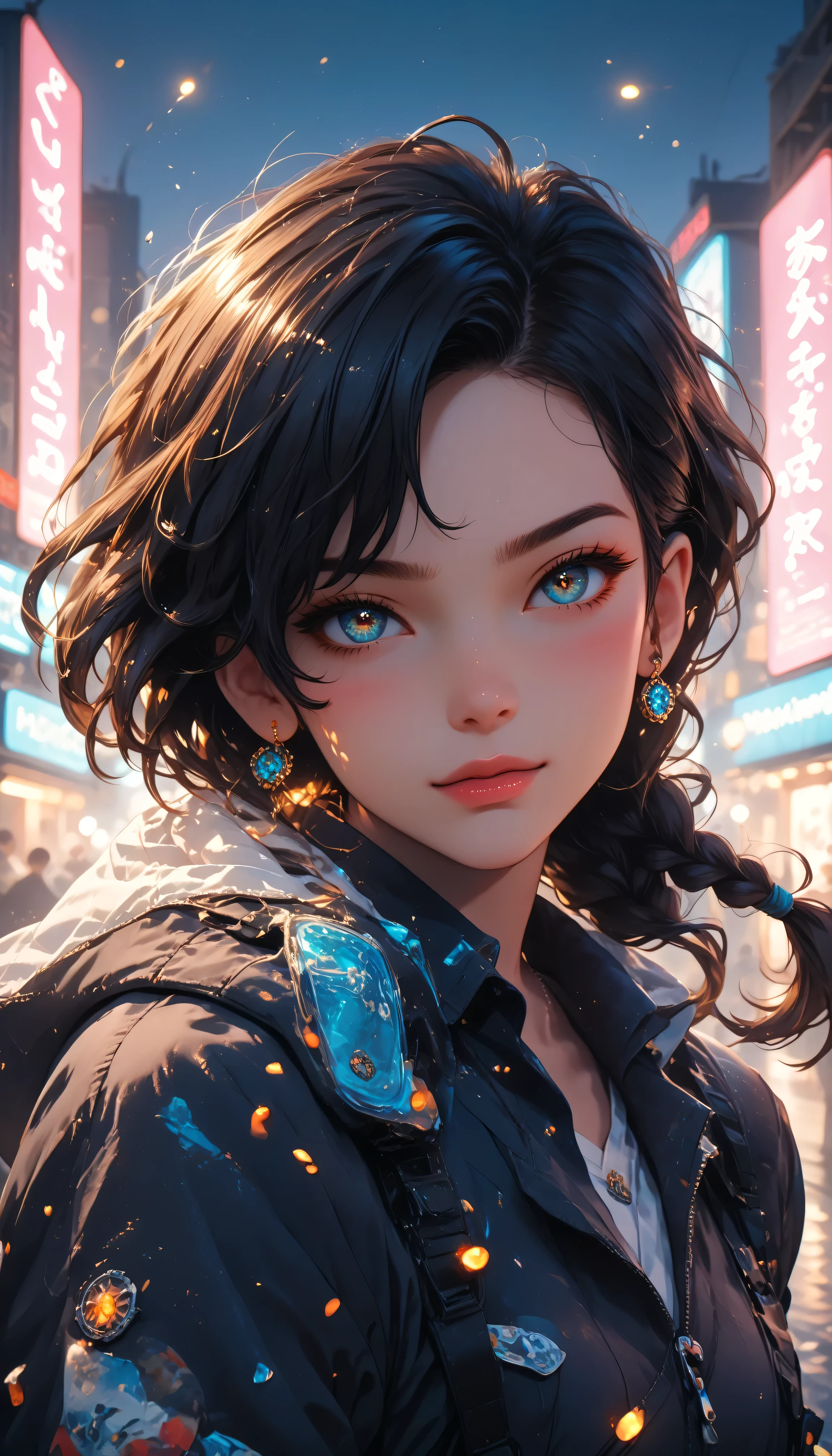 The girl shoots her big gun while releasing blue braids that wave in the wind, surrounded by bright neon lights.