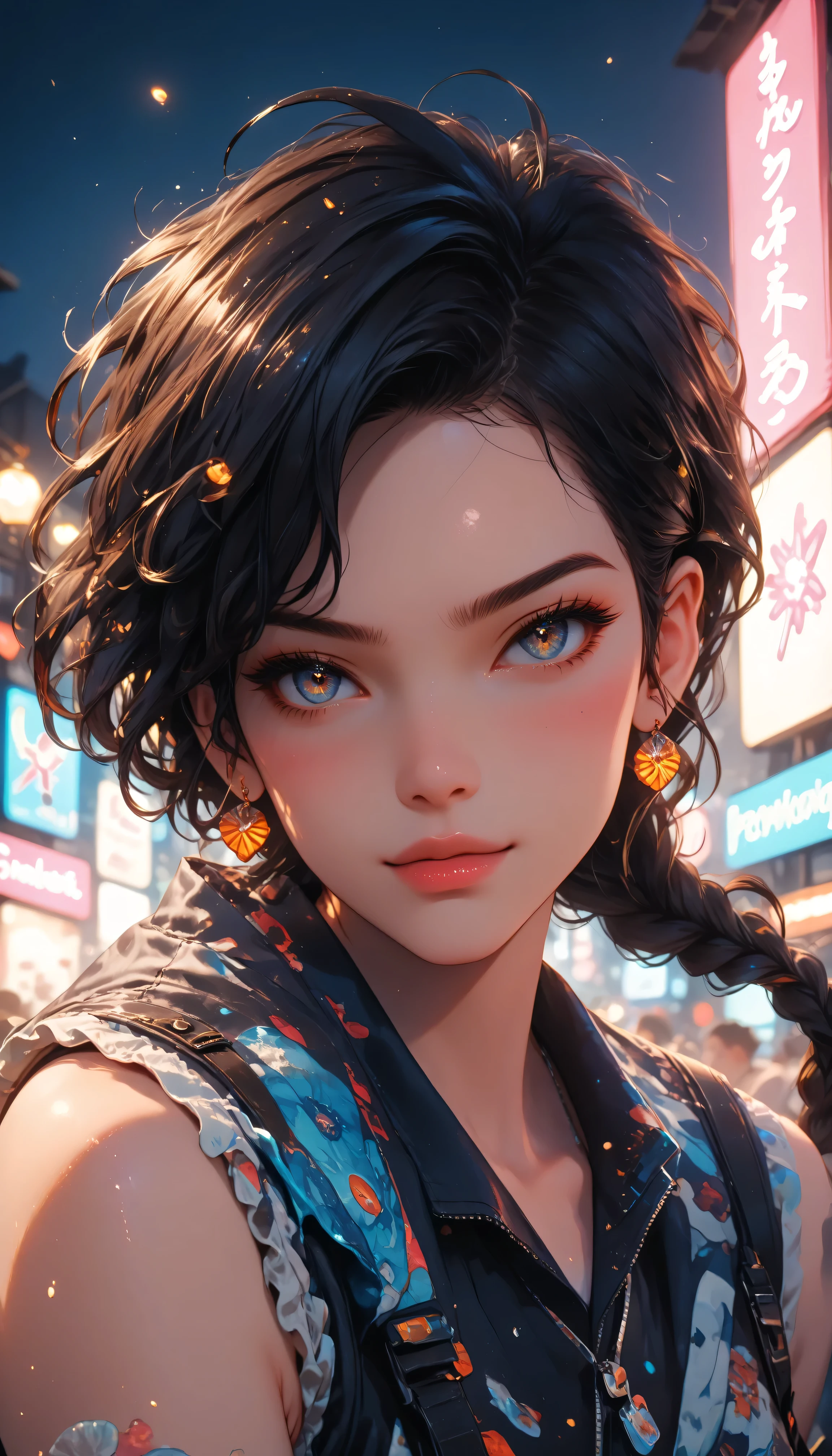 The girl shoots her big gun while releasing blue braids that wave in the wind, surrounded by bright neon lights.