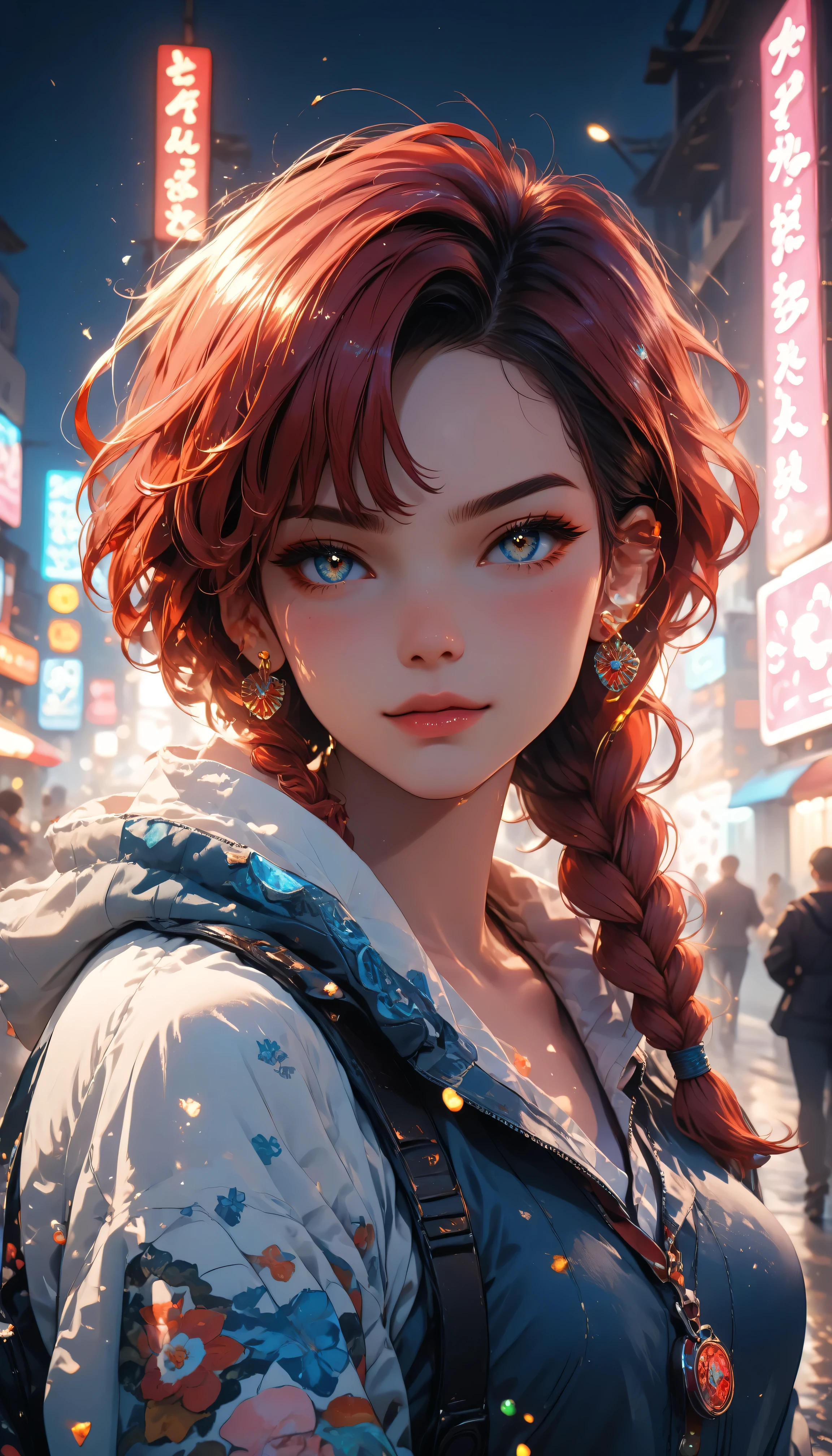 The girl shoots her big gun while releasing blue braids that wave in the wind, surrounded by bright neon lights.