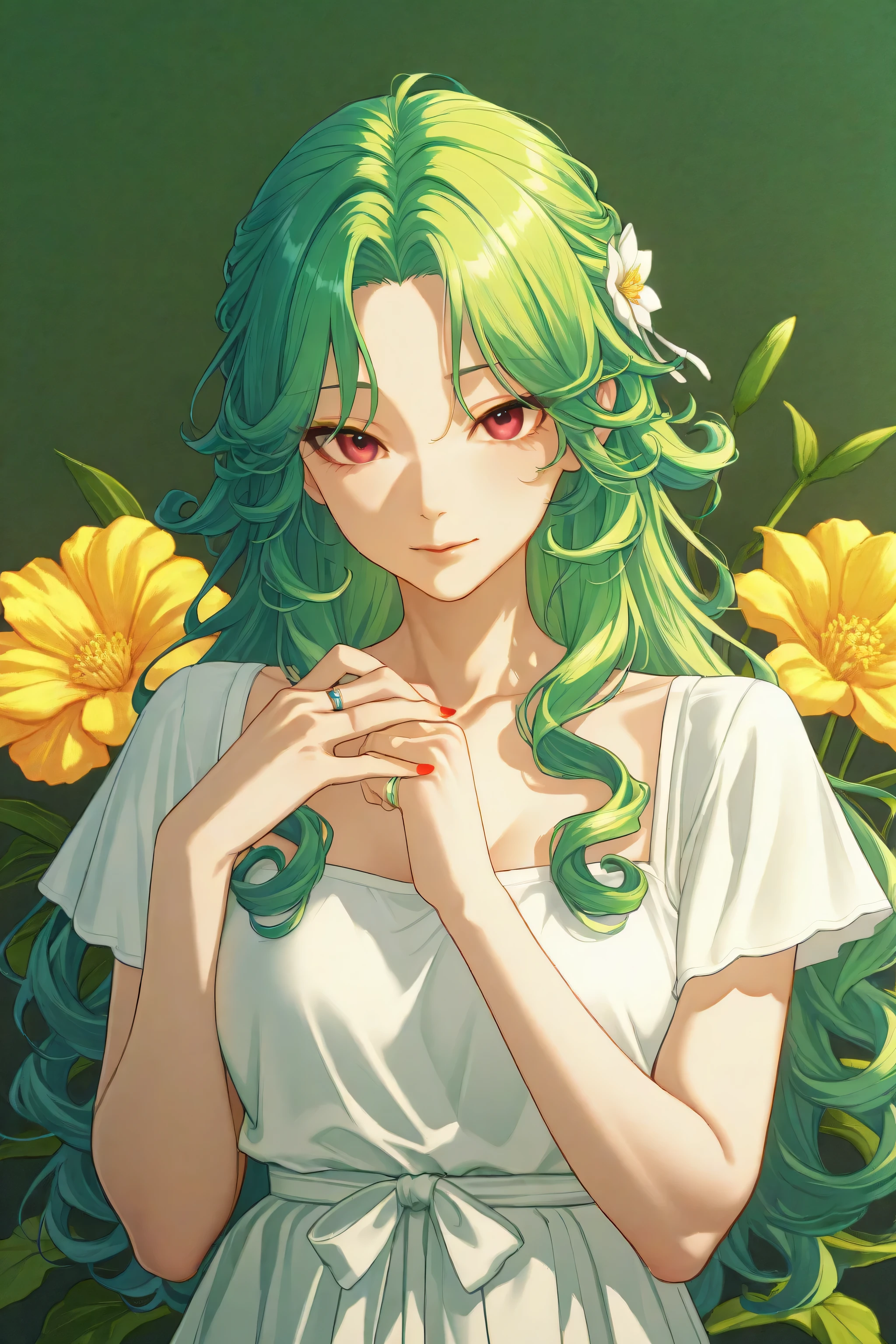 超特写镜头,realistic digital illustration, oil painting with thick application,girl with curly hair, large flower, nail polish, ring detail, soft light-shadow, green backdrop ,delicate hair texture, smooth skin rendering, fine artistic details, dreamy and elegant atmosphere暗黑风,怪诞。脸部花朵特写,粉黑发,蓝色眼睛,身后巨大粉白色大花(花蕊、带茎叶),紫绿中式多巴胺色系,周围有粉色花朵,艺术插画风格,色彩对比鲜明,神秘氛围,细腻笔触,油画厚涂油画,满画面非常有层次感的花,巨大,花瓣舒展,构图优美,意想不到的角度,有层次感的背景。微距,眼睛低垂,厚涂,笔触,飞溅,斑驳,陈旧,极致浪漫,光影,强烈对比,极繁风格,满画面构图,新中式