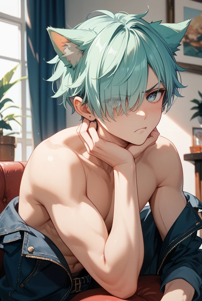 ((((best masterpiece, best quality, wallpaper,)))) solo, guy, male body, small muscles, flat chest, 1male, 30 years old, handsome man, dramatic angle, upper body, looking at viewers, beautiful detailed, finger to mouth, mediumturquoise hair, ((((Lower short ponytail)))), asymmetrical bangs, ((short hair,))  smile, ((( one eye closed, gold eyes,))) (((^o^, tareme, droopy eyes,))) perfect face, sharp nose,  smile, clear face, , ((silver piercing, )) leggings, lighting back, backlighting, pink background color ultrasharp, 8K, masterpiece,