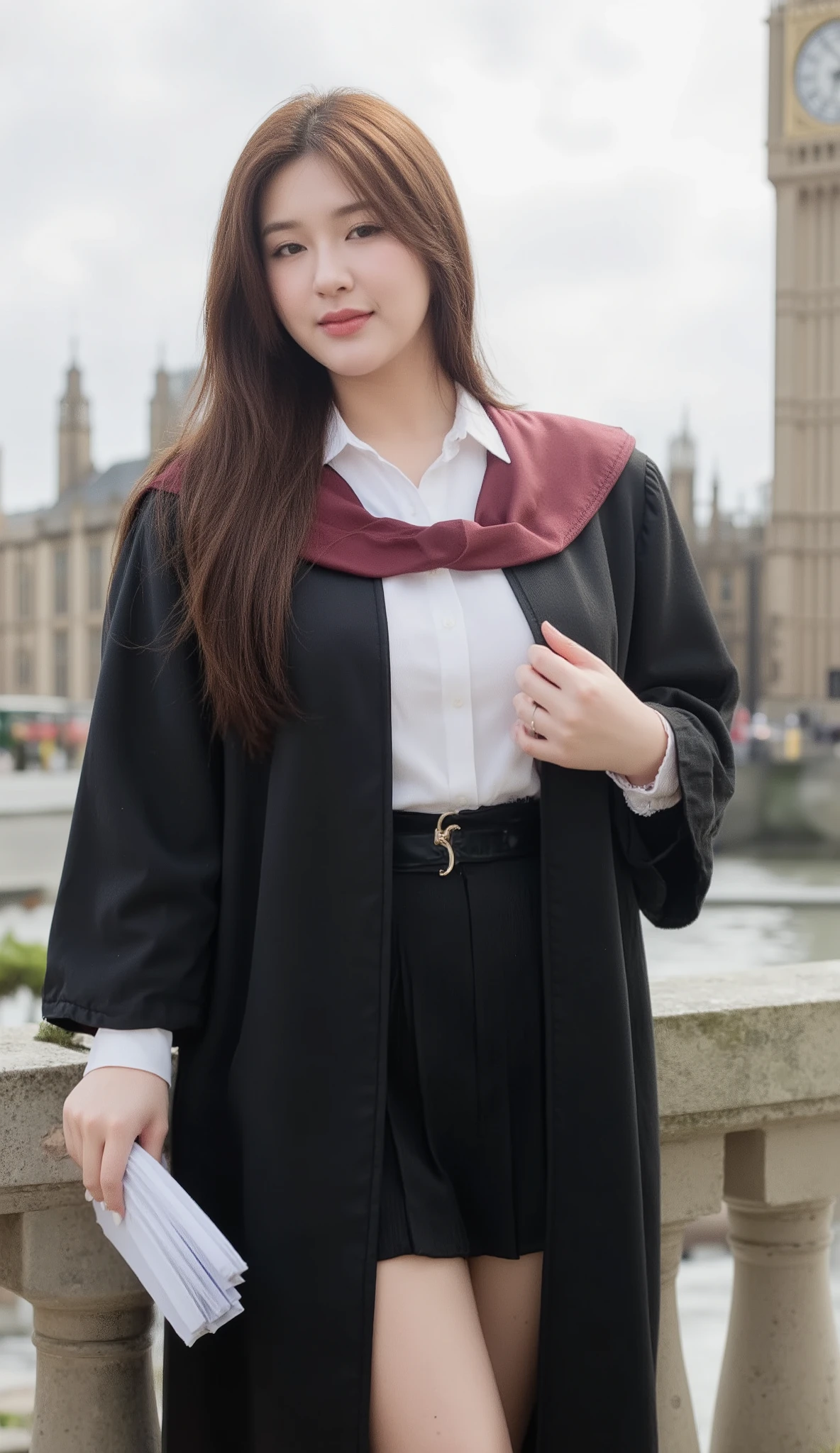 A portrait image shows a young Korean-Thai woman standing in London.

She has a long, fluffy haircut, showing off her narrow forehead. She has a voluptuous figure. She is chubby-sexy. She has a dark cherry-red hair colour. She wears a graduation gown. The gown is a flowing black academic gown with wide sleeves; deep burgundy V-shaped hood/collar. The V-shaped hood/collar wraps around her neck without any separation. Underneath the V-shaped hood/collar, there is a long zipper at the front of the gown. The gown covers almost all her inside clothes, from her neck to her knees, showing her thighs through a black pleated skirt. Only a white shirt's collar is exposed from the gown. She seductively smiles at the camera. She holds a heavy stack of documents with two hands.
The background is Big Ben. The overall landscape view is included. 