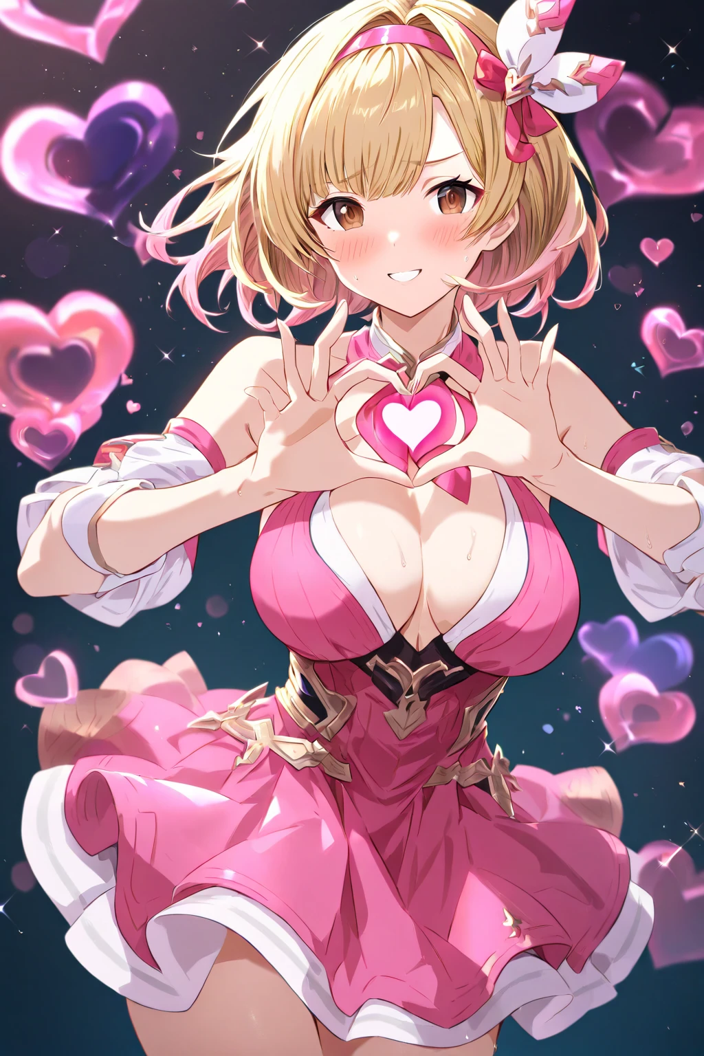 Absurd, High resolution break one girl wide shot (laser:1.2) In Shape of Heart at Viewer, (Heart shaped hands:1.3), pink (Magical girl) Costume, smile, Happy, Flat stomach, Small ,  are visible, (fractal:1.2) (laser rays of light shape of heart:1.2) effect, A growing heart, (ripple) Blake Lovely and cute background Blake